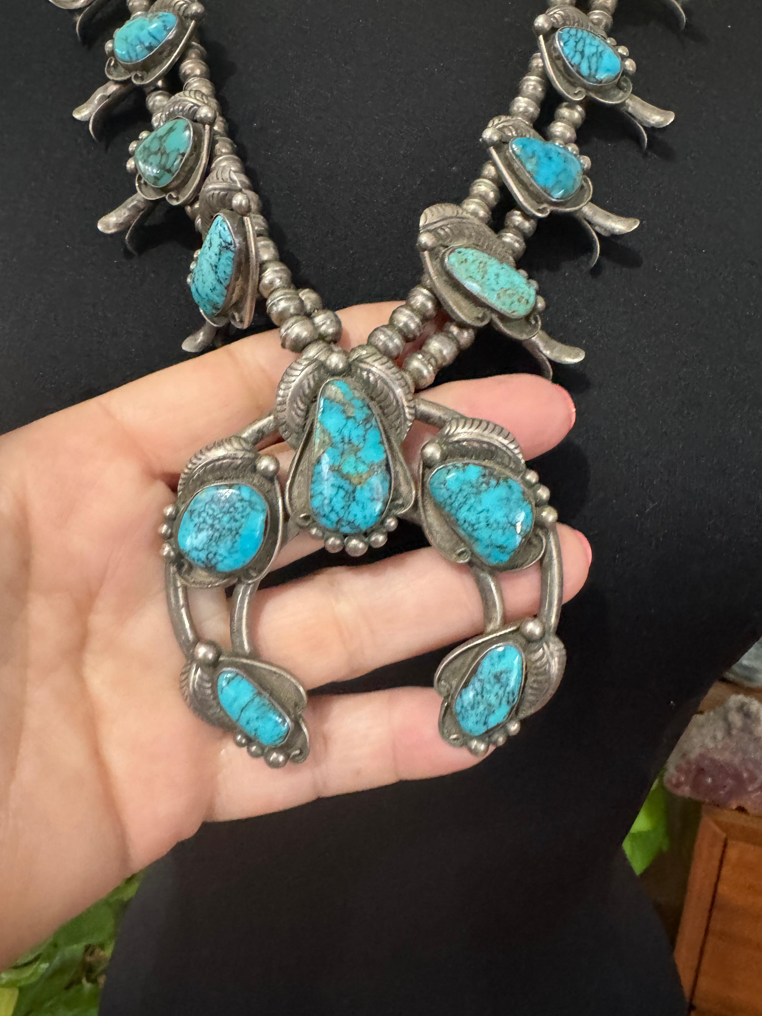 Navajo Turchese Sterling Squash Blossom Old Pawn in vendita 1