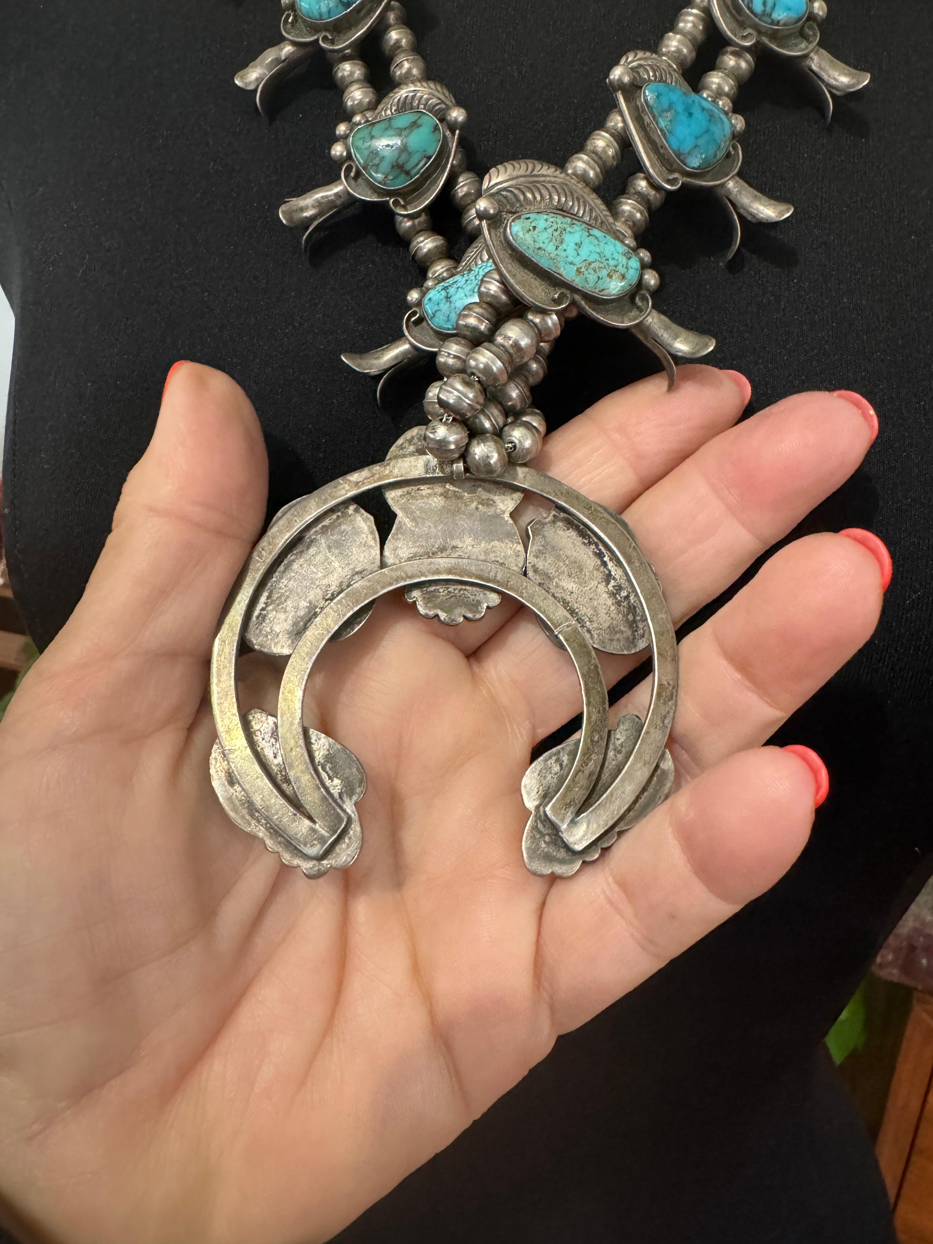 Navajo Turchese Sterling Squash Blossom Old Pawn in vendita 2