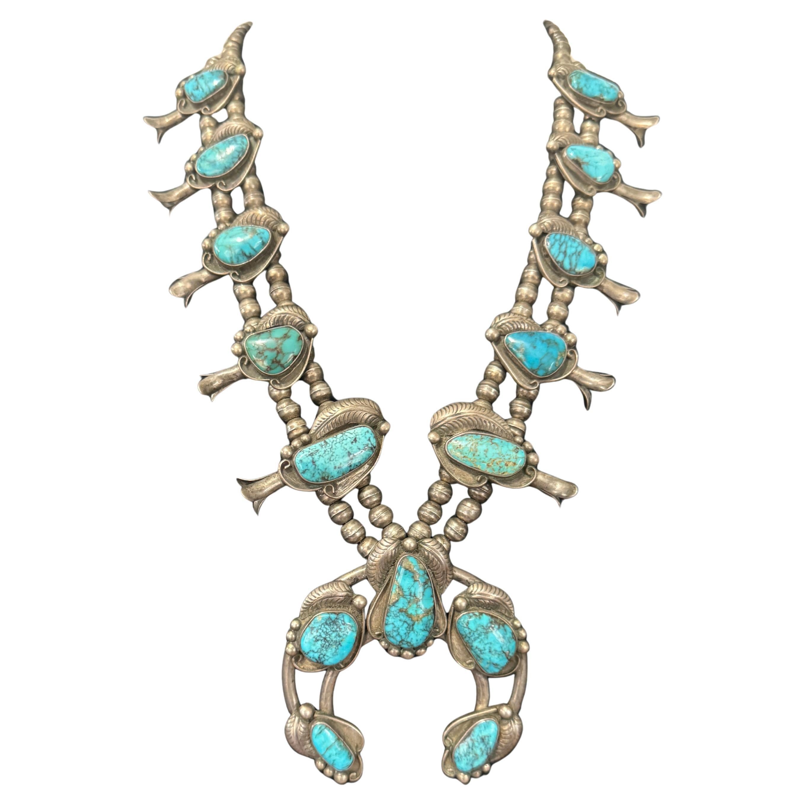 Navajo Turchese Sterling Squash Blossom Old Pawn in vendita