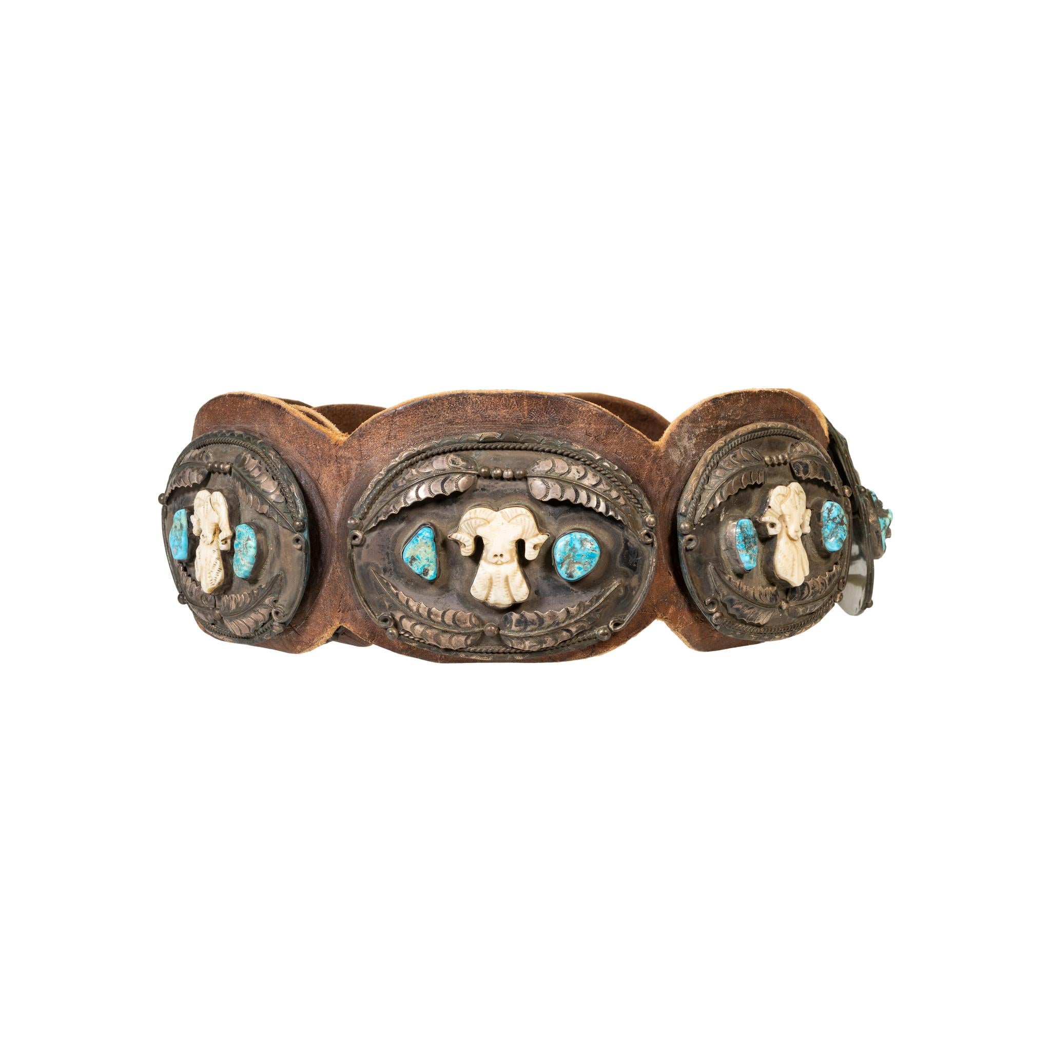 Native American Navajo Walrus Ivory and Turquoise Concho Belt For Sale