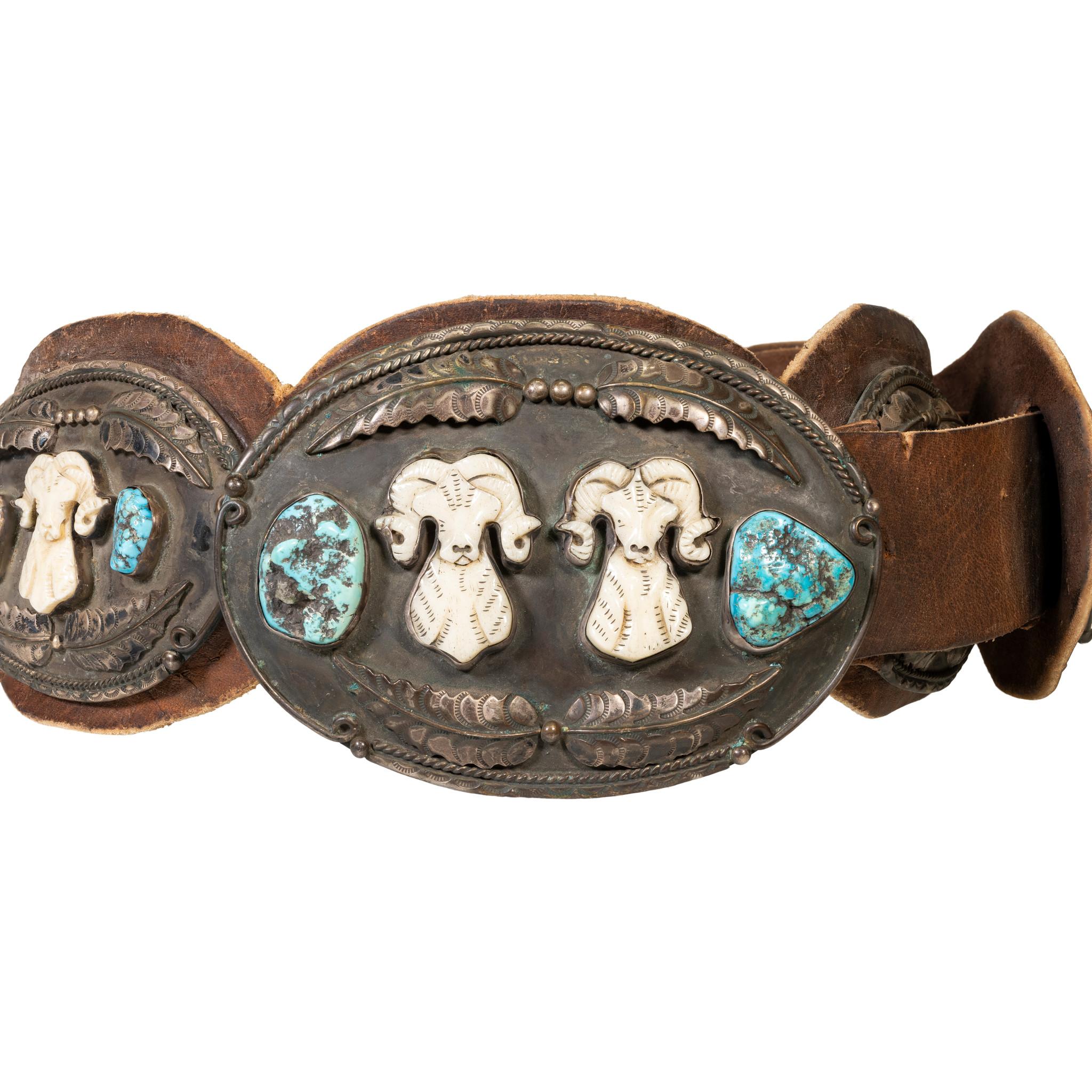 Old Mine Cut Navajo Walrus Ivory and Turquoise Concho Belt For Sale