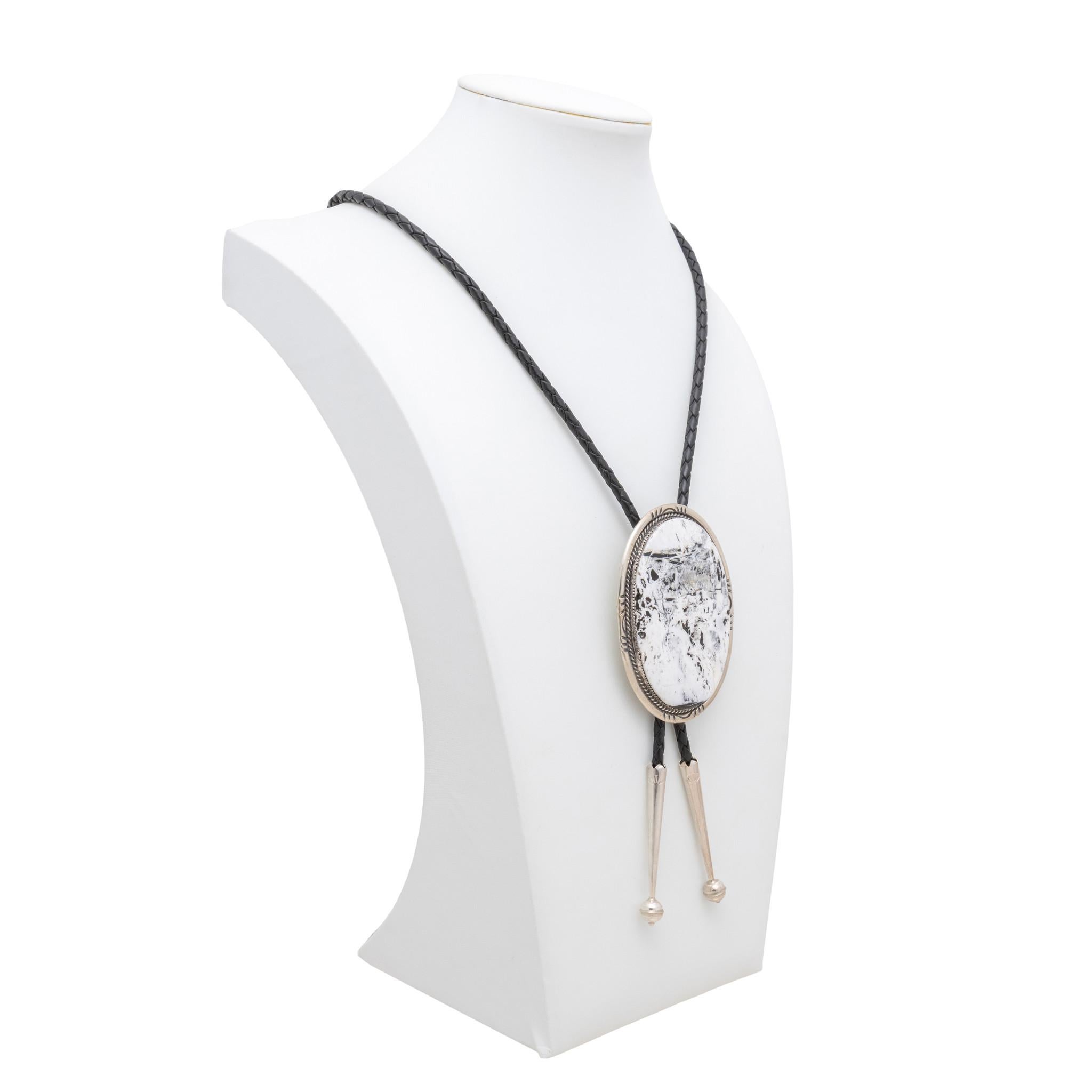 Large white buffalo turquoise bolo necktie by Navajo Silversmith Caleb Calles Yaqui. Stamped with maker's mark and 