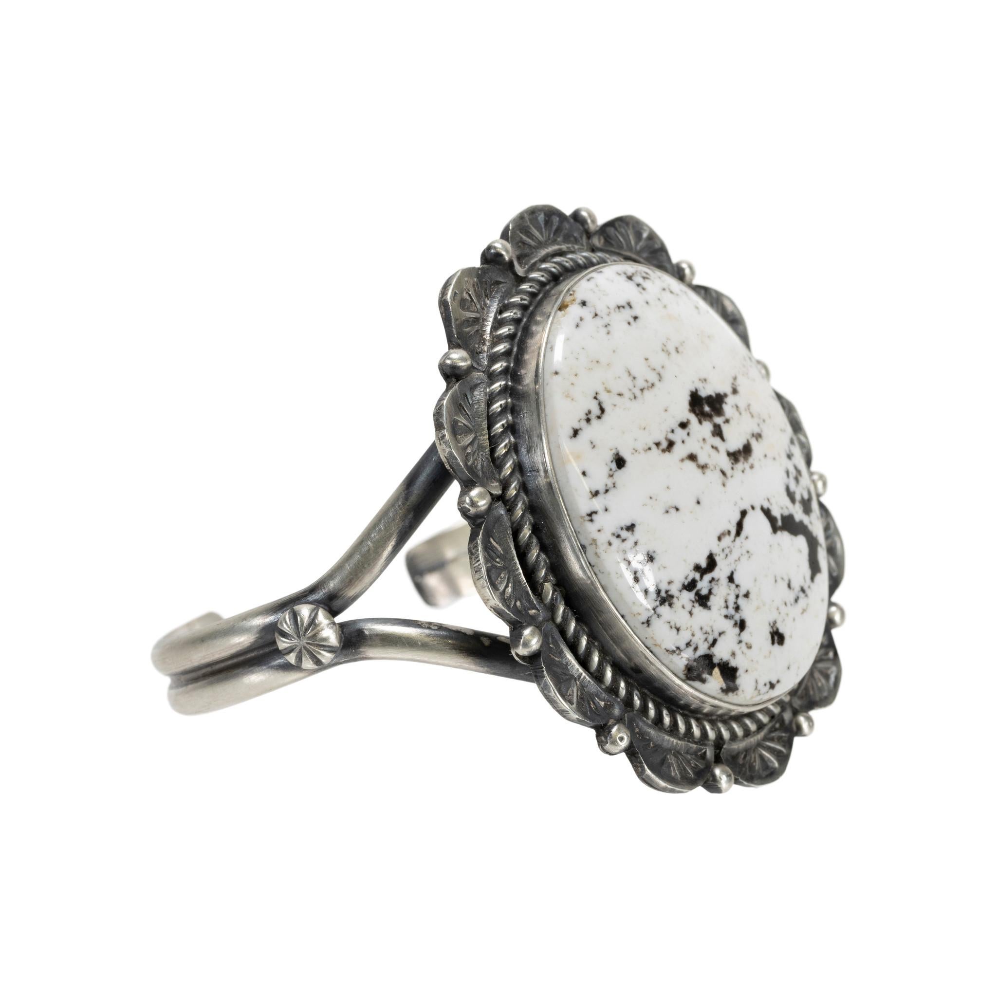 Oval Cut Navajo White Buffalo Turquoise Bracelet For Sale