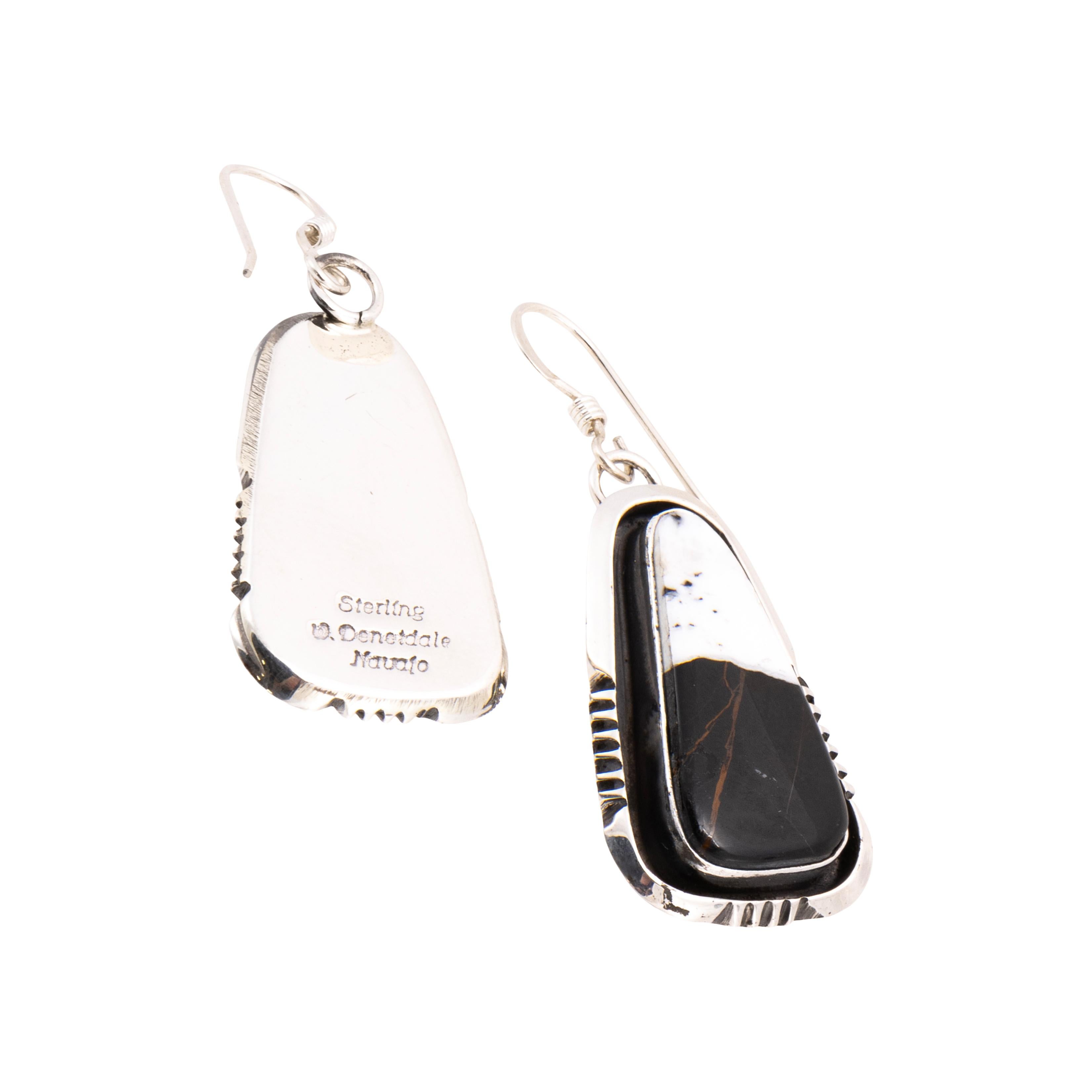 Navajo white buffalo turquoise earrings set in sterling silver. Quality natural stone surrounded by classic slash mark design and set in small shadowbox. Made by Navajo Silversmith W. Will Denetdale and stamped 