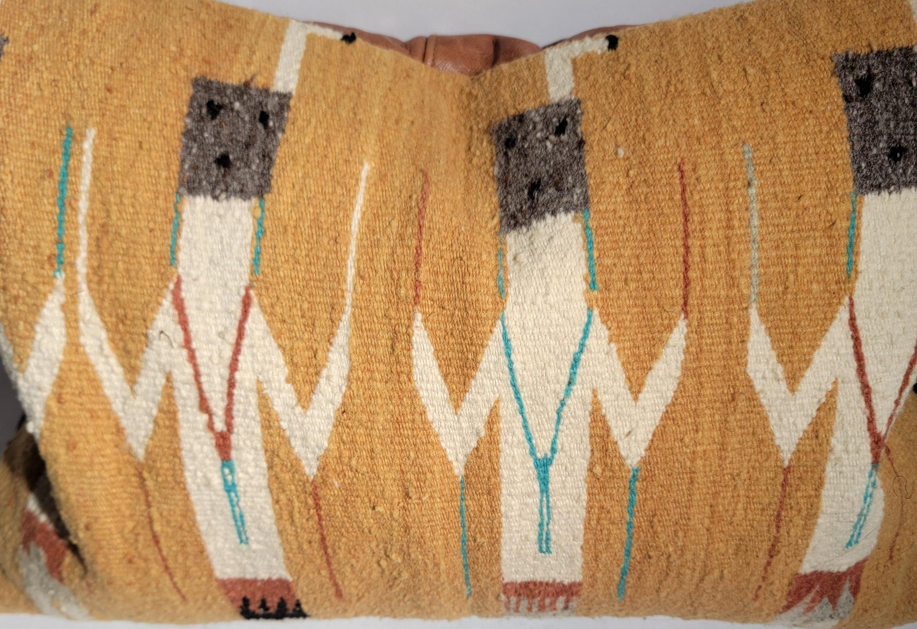 American Navajo Yei Woven Pillow with Leather Backing For Sale