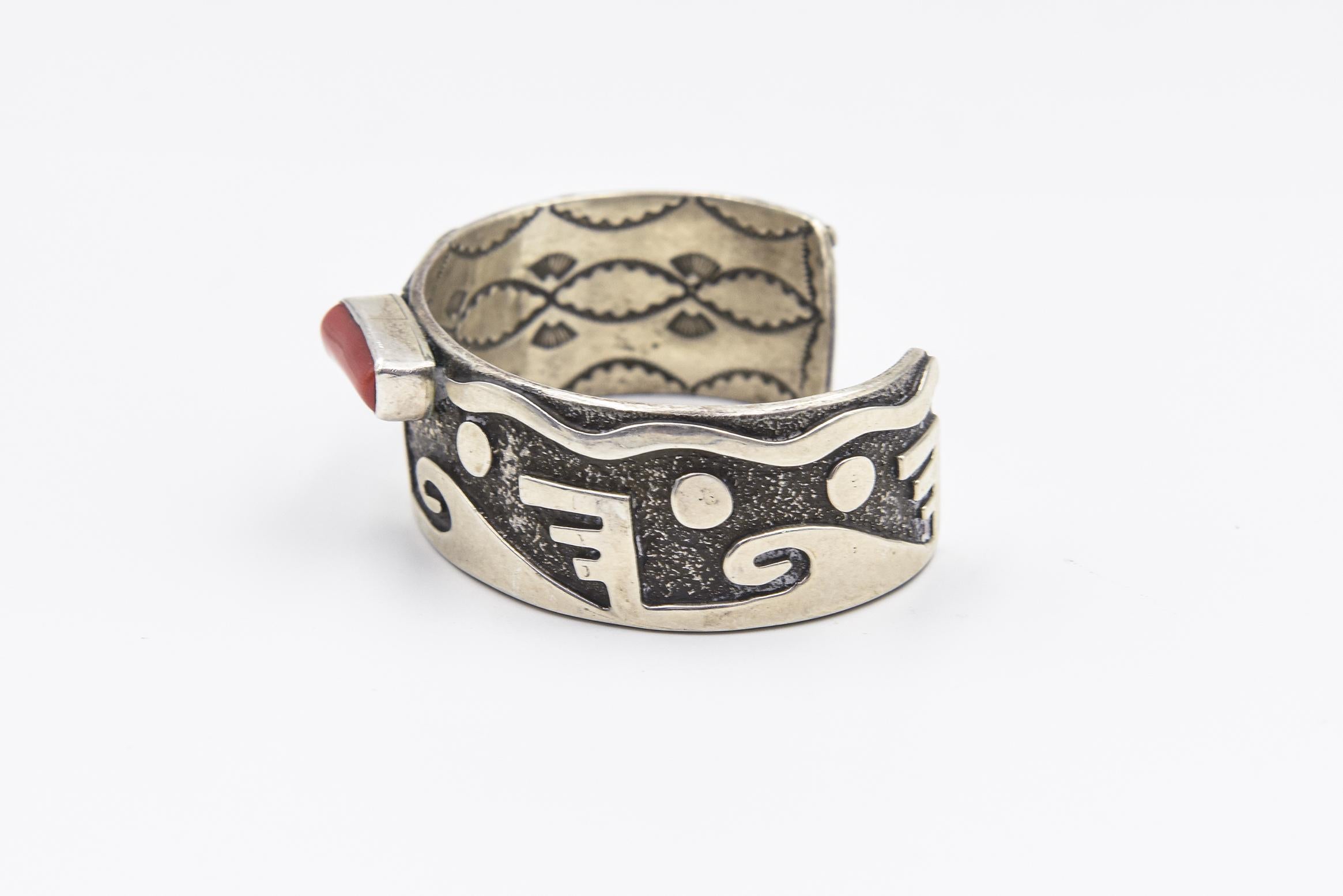 Mixed Cut Navajo Zuni Coral Petroglyphs Design Silver Cuff Bracelet by Alex Sanchez For Sale