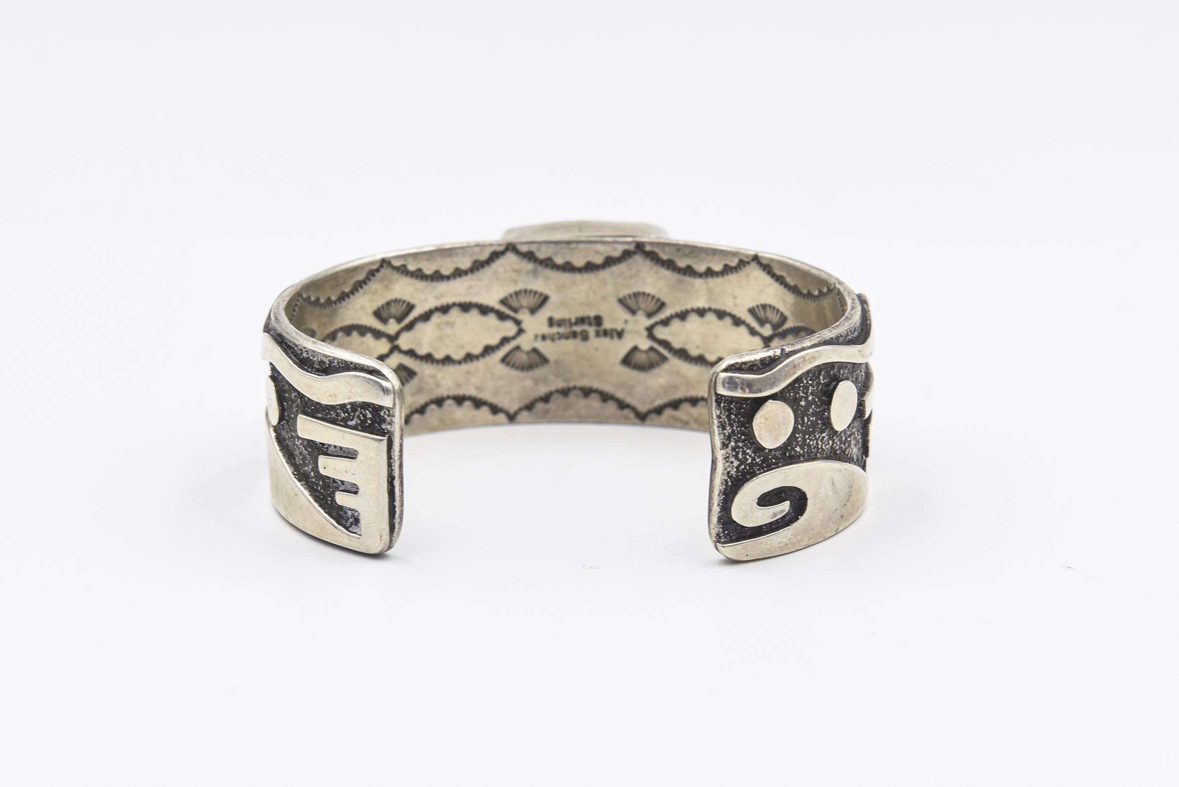 Women's or Men's Navajo Zuni Coral Petroglyphs Design Silver Cuff Bracelet by Alex Sanchez For Sale