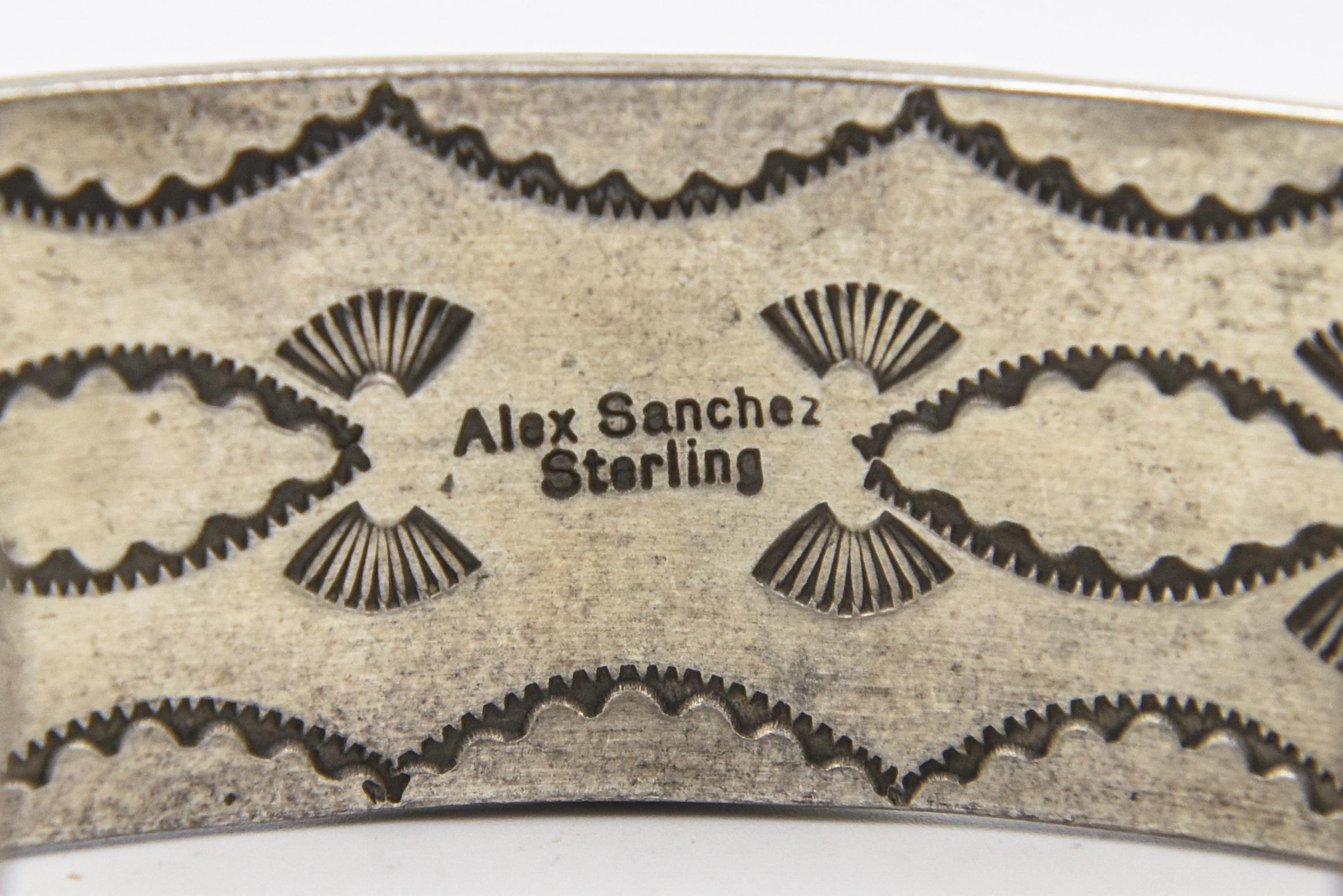 Navajo Zuni Coral Petroglyphs Design Silver Cuff Bracelet by Alex Sanchez For Sale 1