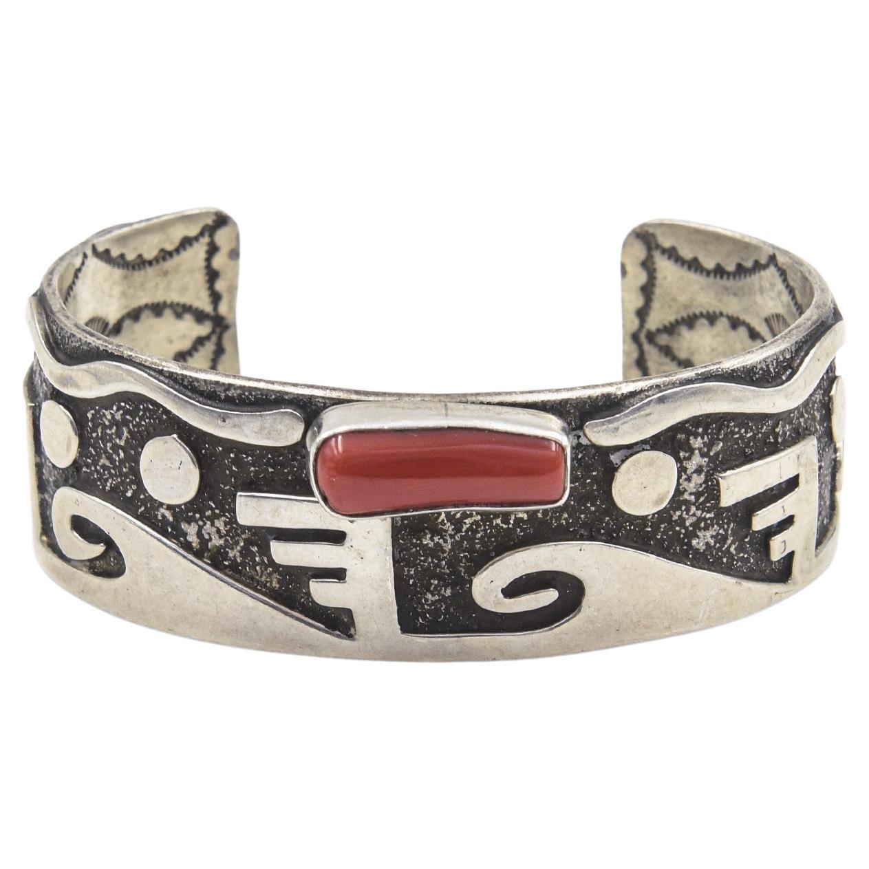 Navajo Zuni Coral Petroglyphs Design Silver Cuff Bracelet by Alex Sanchez For Sale