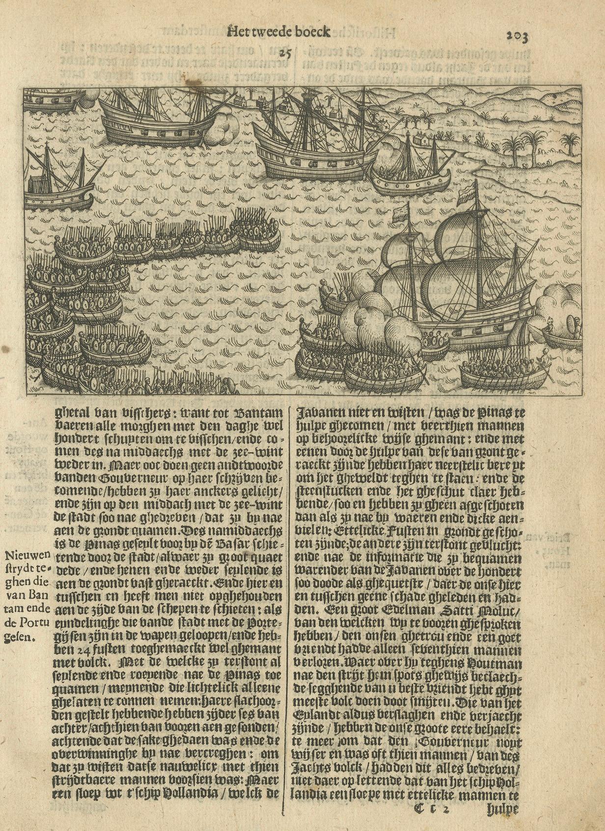 Title: Naval Encounter between the Dutch and Javanese Fleets near Bantam, from Pontanus’ Rerum et urbis Amstelodamensium historia, 1611

This remarkable early 17th-century engraving illustrates a naval battle between Dutch East India Company ships