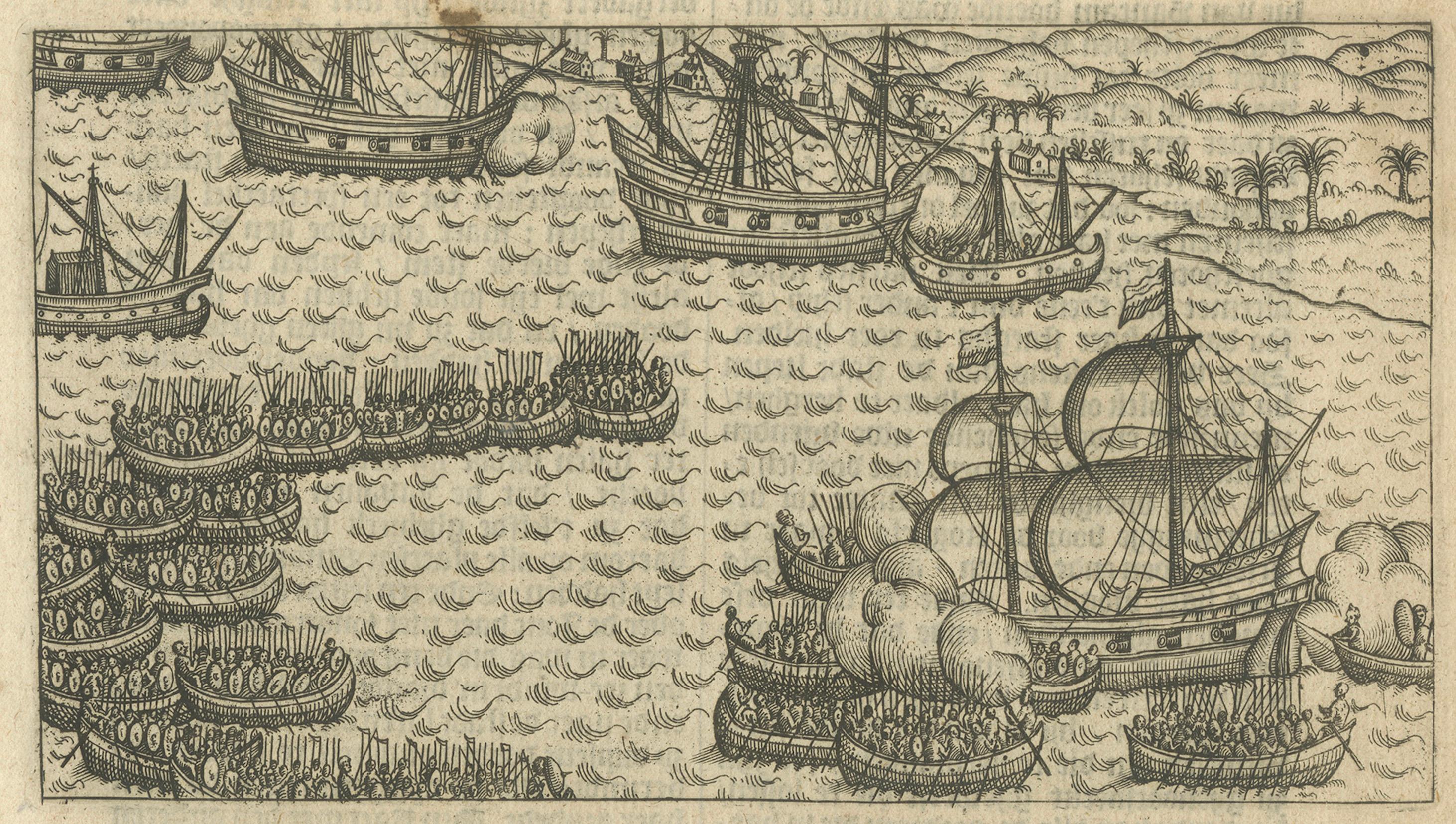 Engraved Naval Battle between Dutch and Javanese Fleets near Bantam, Pontanus 1611 For Sale
