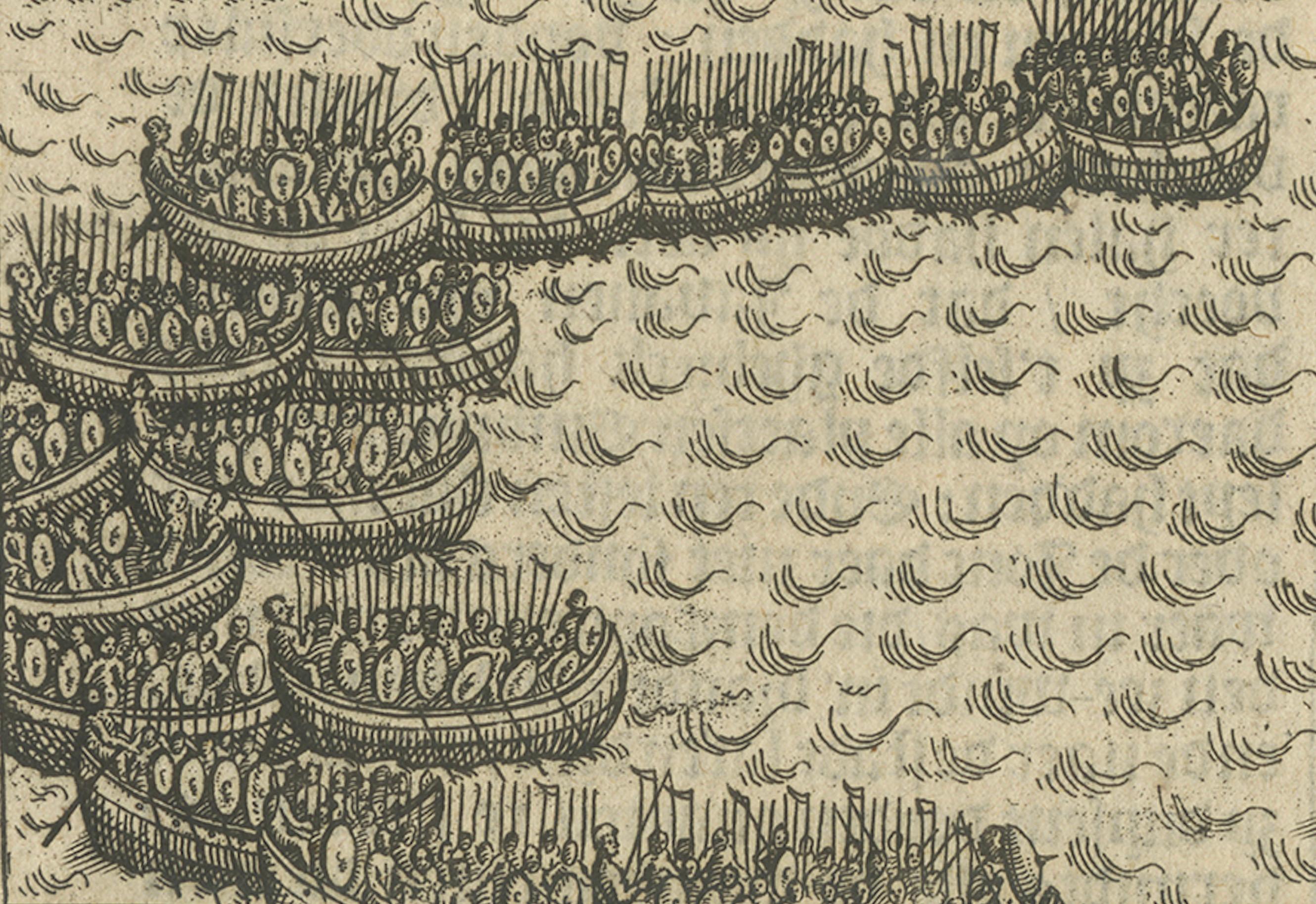 Naval Battle between Dutch and Javanese Fleets near Bantam, Pontanus 1611 In Good Condition For Sale In Langweer, NL