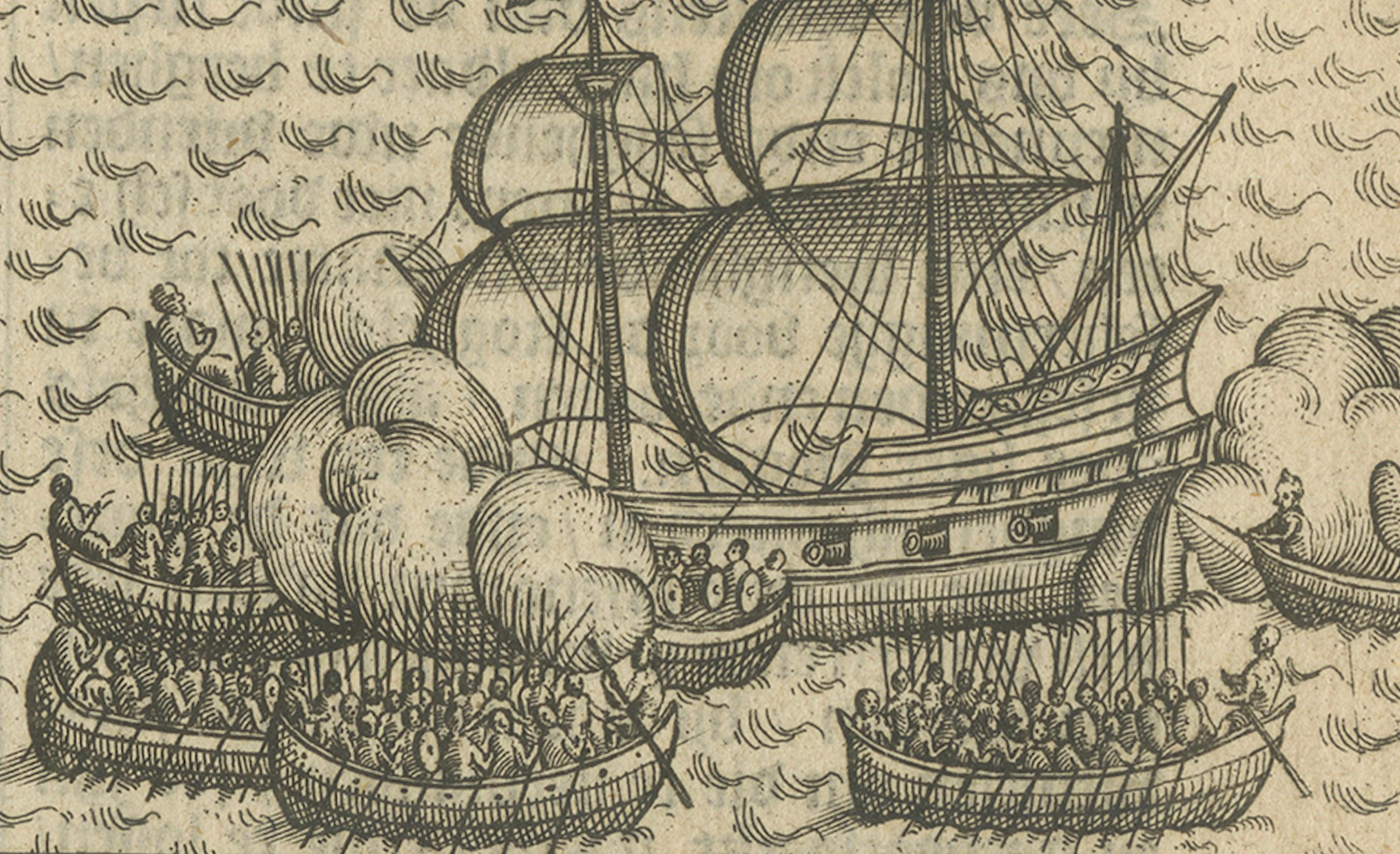17th Century Naval Battle between Dutch and Javanese Fleets near Bantam, Pontanus 1611 For Sale