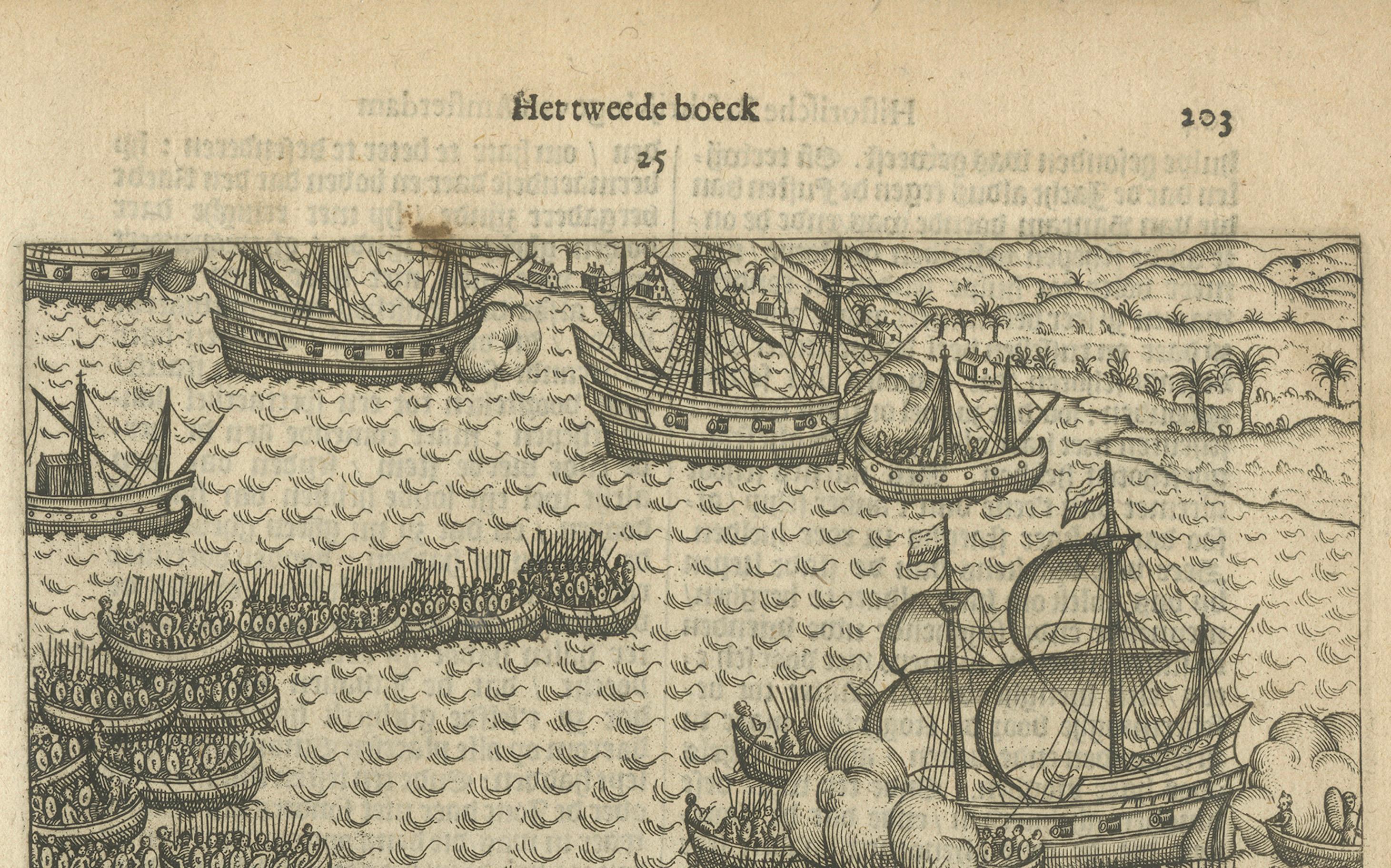 Paper Naval Battle between Dutch and Javanese Fleets near Bantam, Pontanus 1611 For Sale