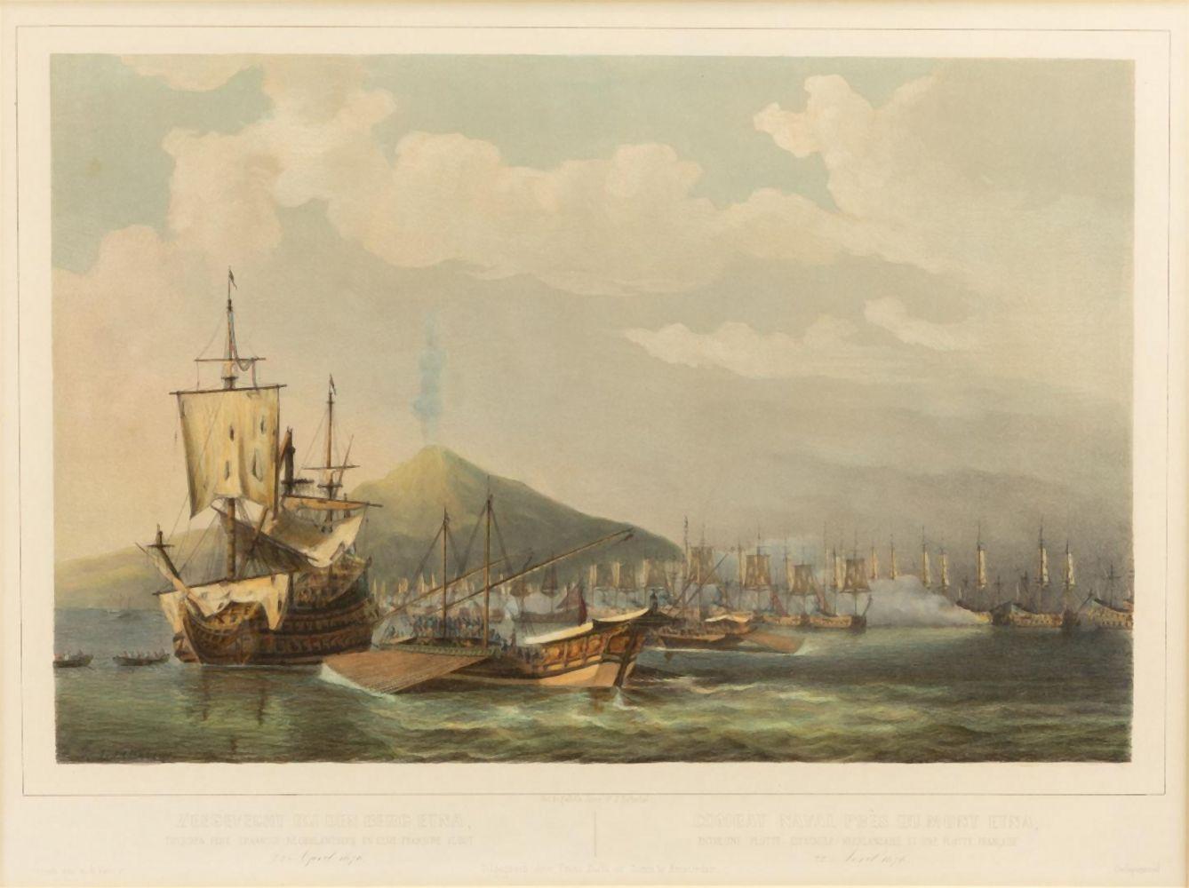 Naval Battle Lithographs in Frame– Etna and Palermo Engagements of 1676, Schotel In Good Condition For Sale In Langweer, NL