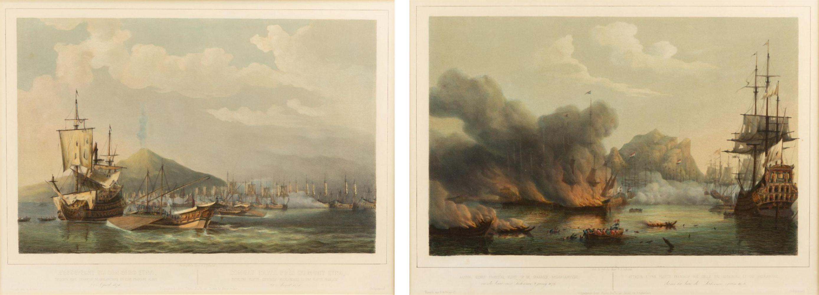 Maple Naval Battle Lithographs in Frame– Etna and Palermo Engagements of 1676, Schotel For Sale