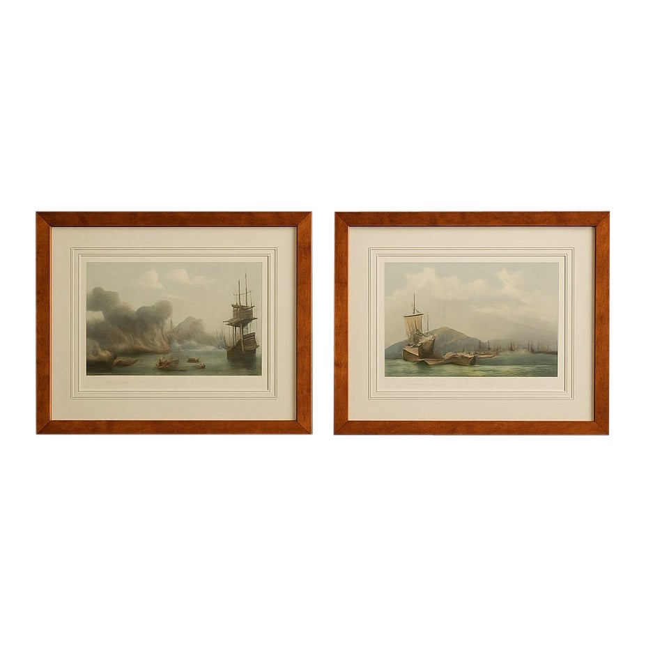 Naval Battle Lithographs in Frame– Etna and Palermo Engagements of 1676, Schotel For Sale
