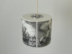 Naval Battle Printed Cylindrical Glass Ceiling Lamp by Limburg, 1970s, Germany