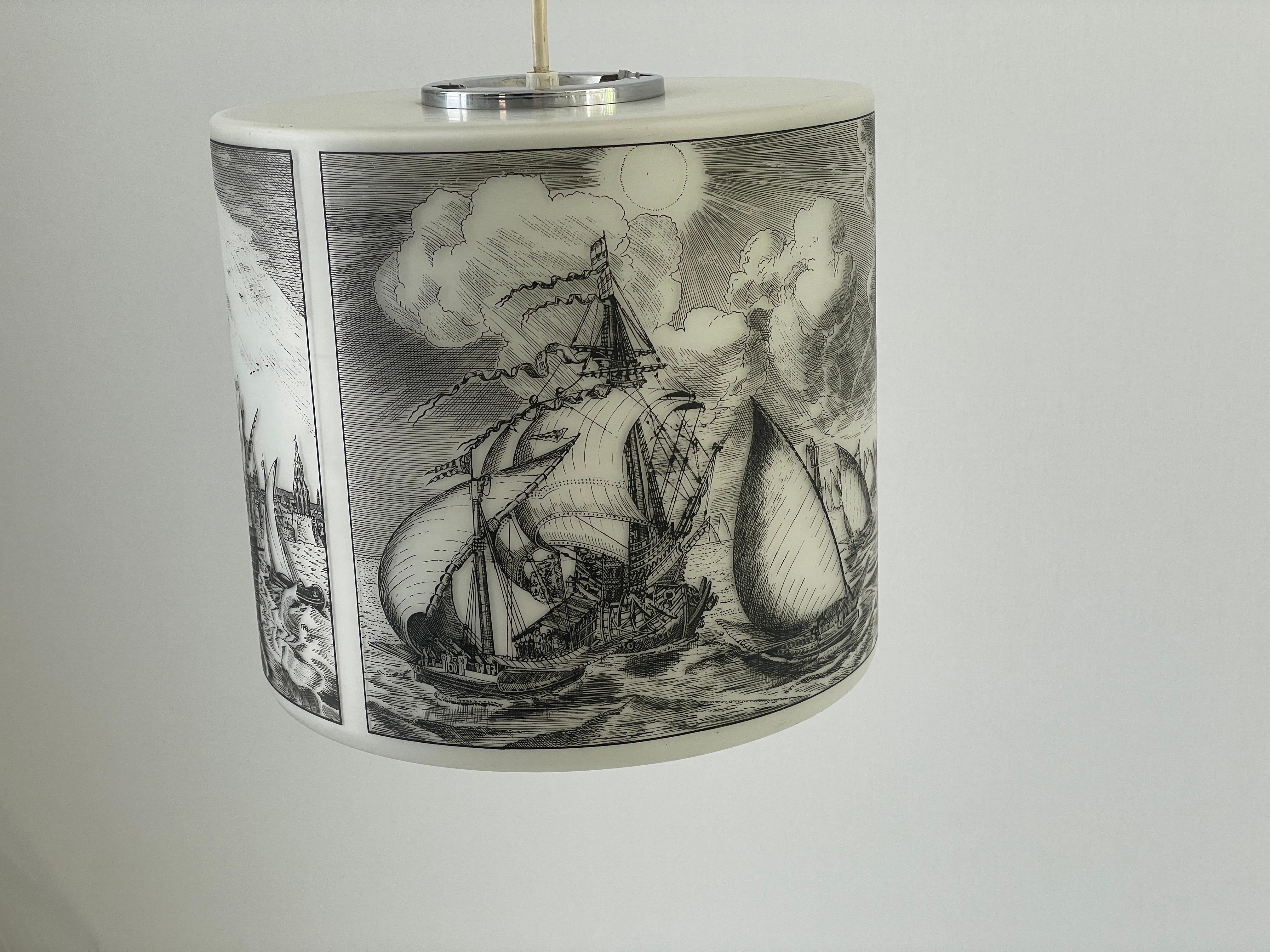 Fin du 20e siècle Plafonnier cylindrique en verre imprimé Naval Battle par Limburg, années 1970, Allemagne en vente