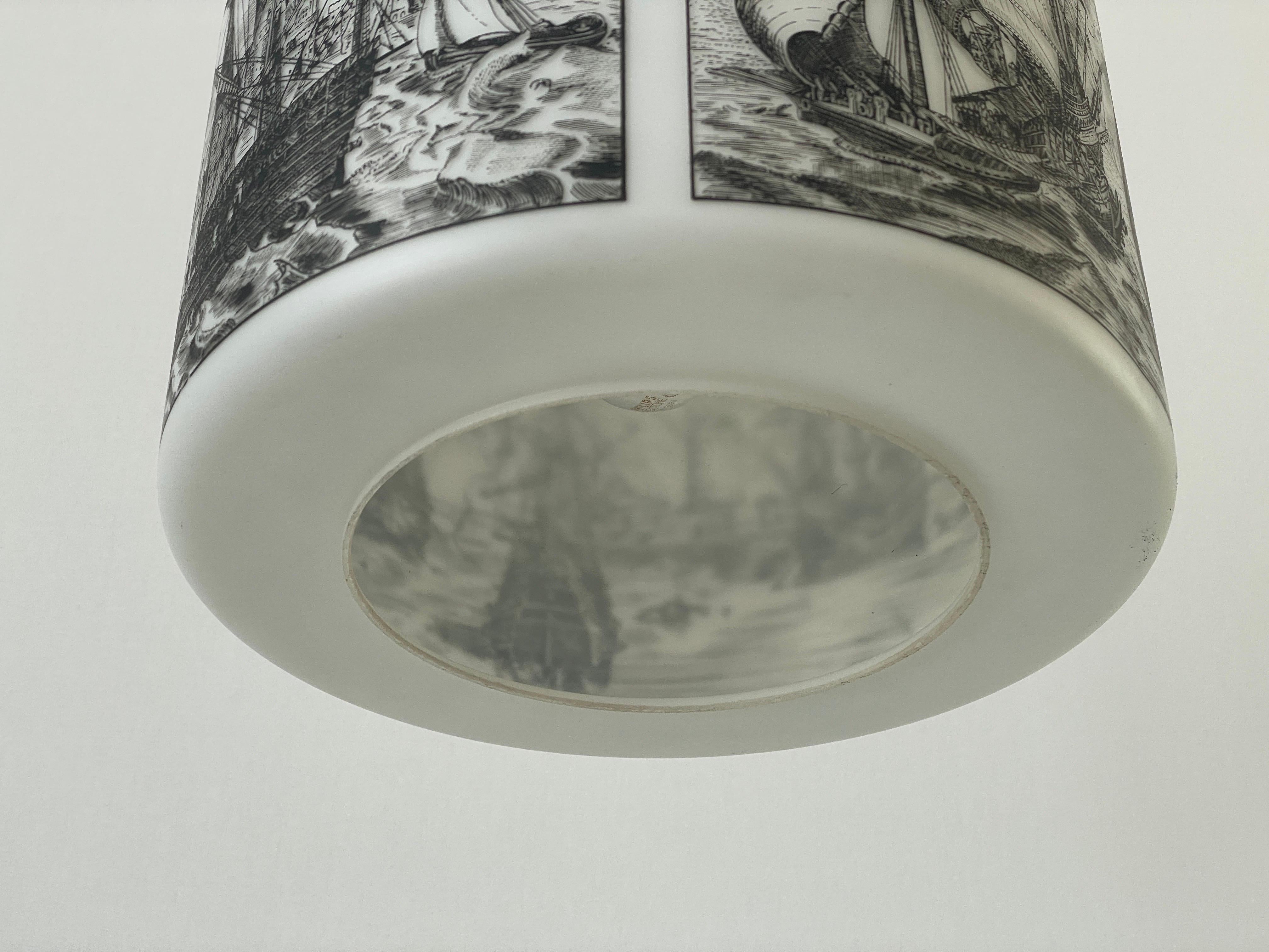 Verre Plafonnier cylindrique en verre imprimé Naval Battle par Limburg, années 1970, Allemagne en vente