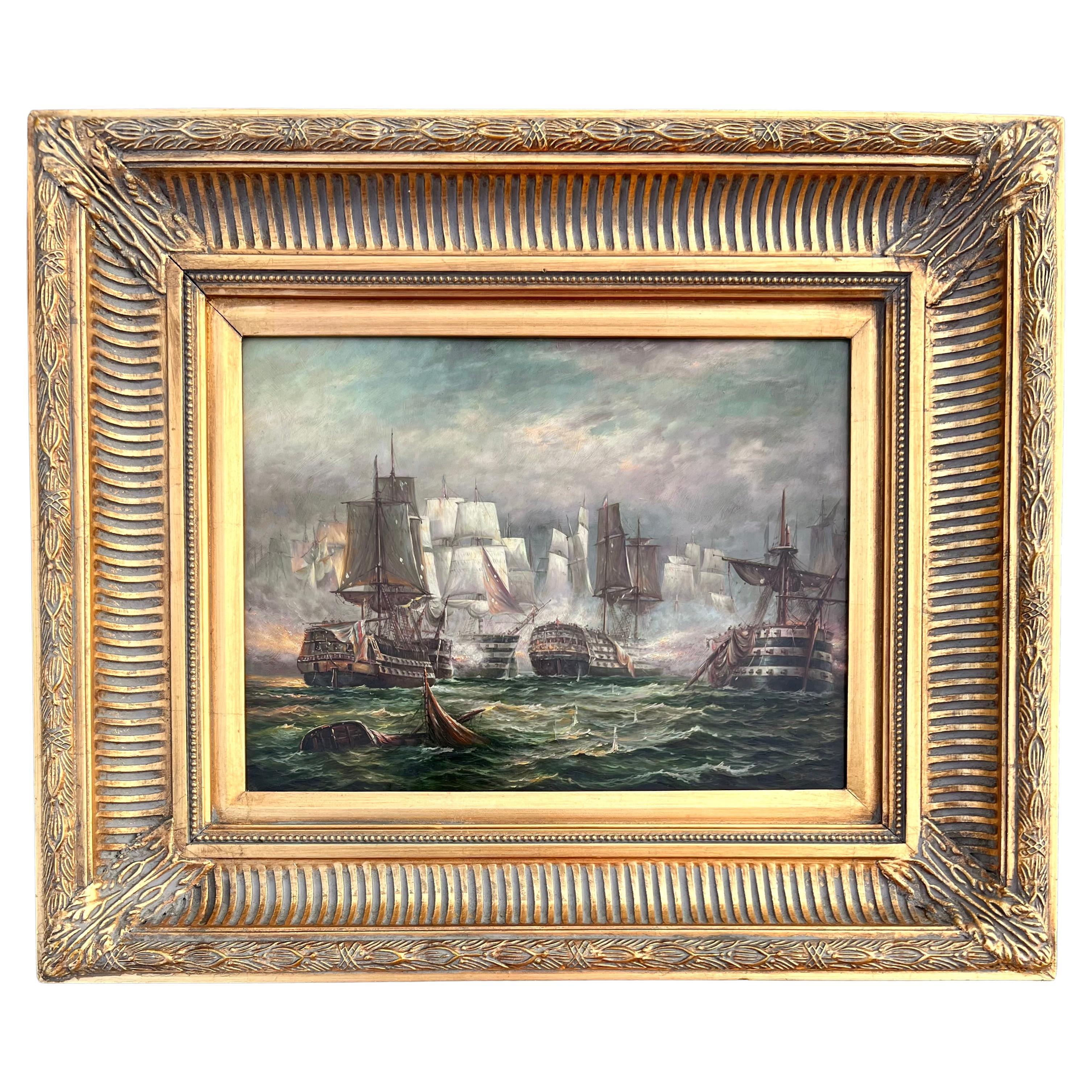 "Naval Battle Scene" 19th Century Painting