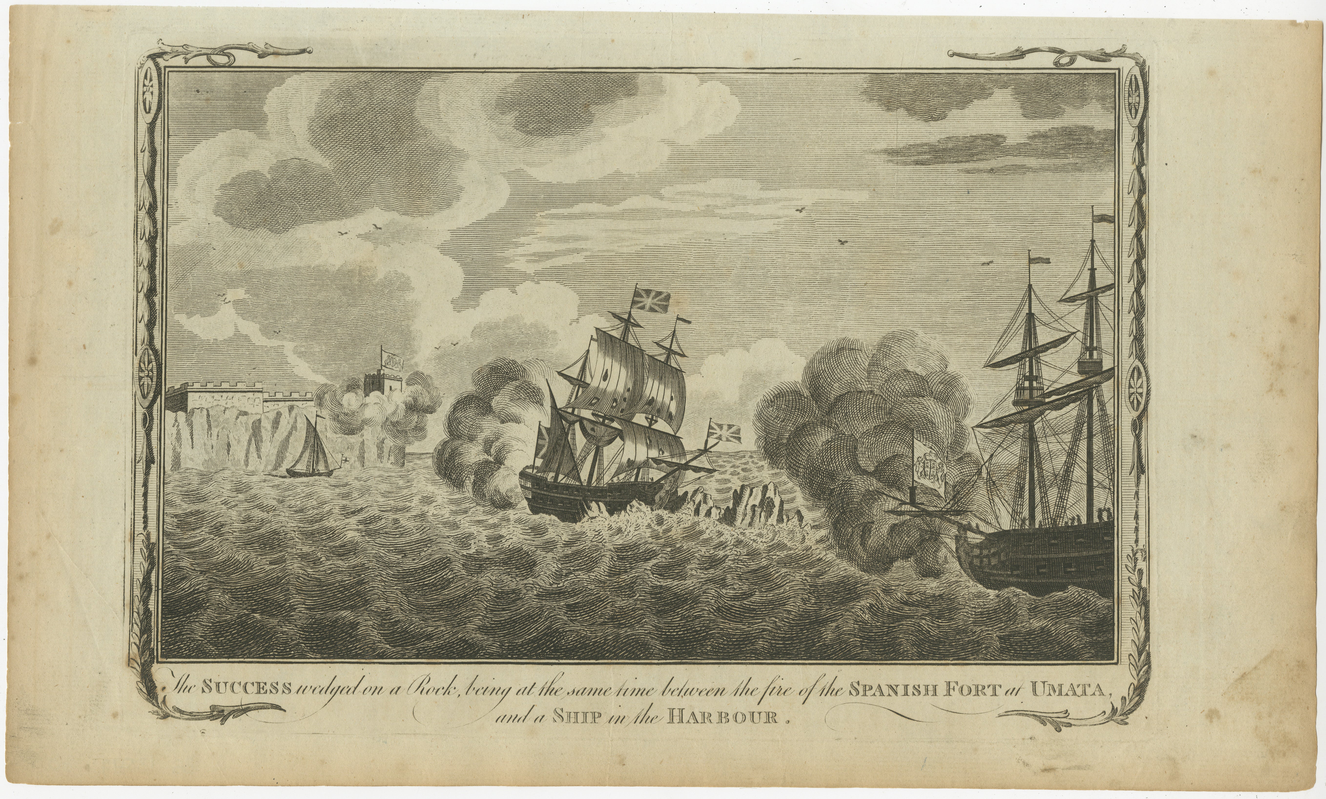 This is an 18th-century engraving depicting a nautical scene with dramatic action. The image shows two sailing ships in a state of distress near a rocky coastline, with the central ship striking a rock and billowing smoke—presumably from cannon