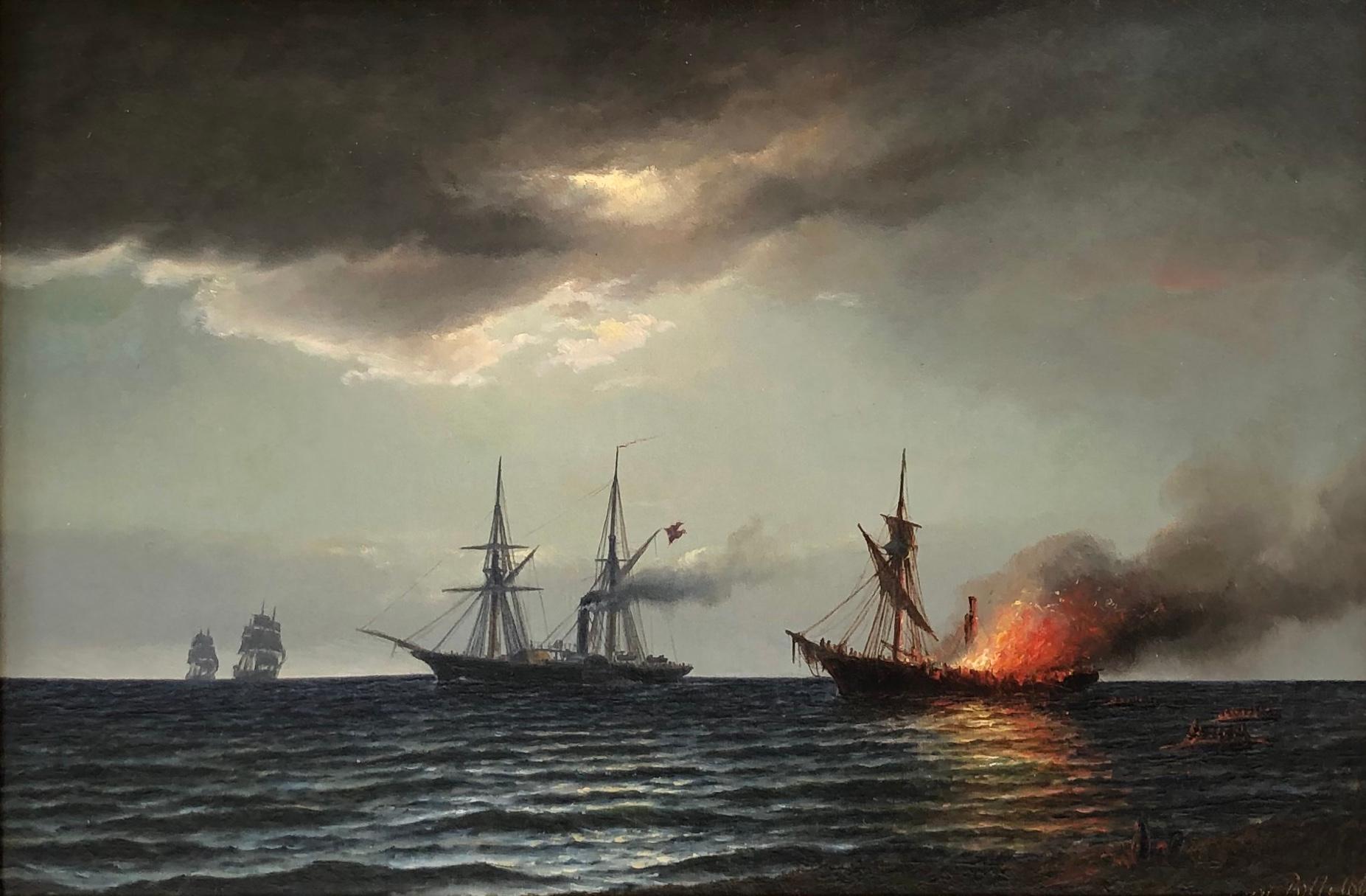 Carl Ludvig Bille, Danish painter, 1815-1898
Oil on canvas, signed. And dated lower right
On the reverse inscribed: The steamer Hekla (E. Suenson). Battle with v.d. Tann. u. a. f. Hafkvig 20/7
Measuring: 12.5