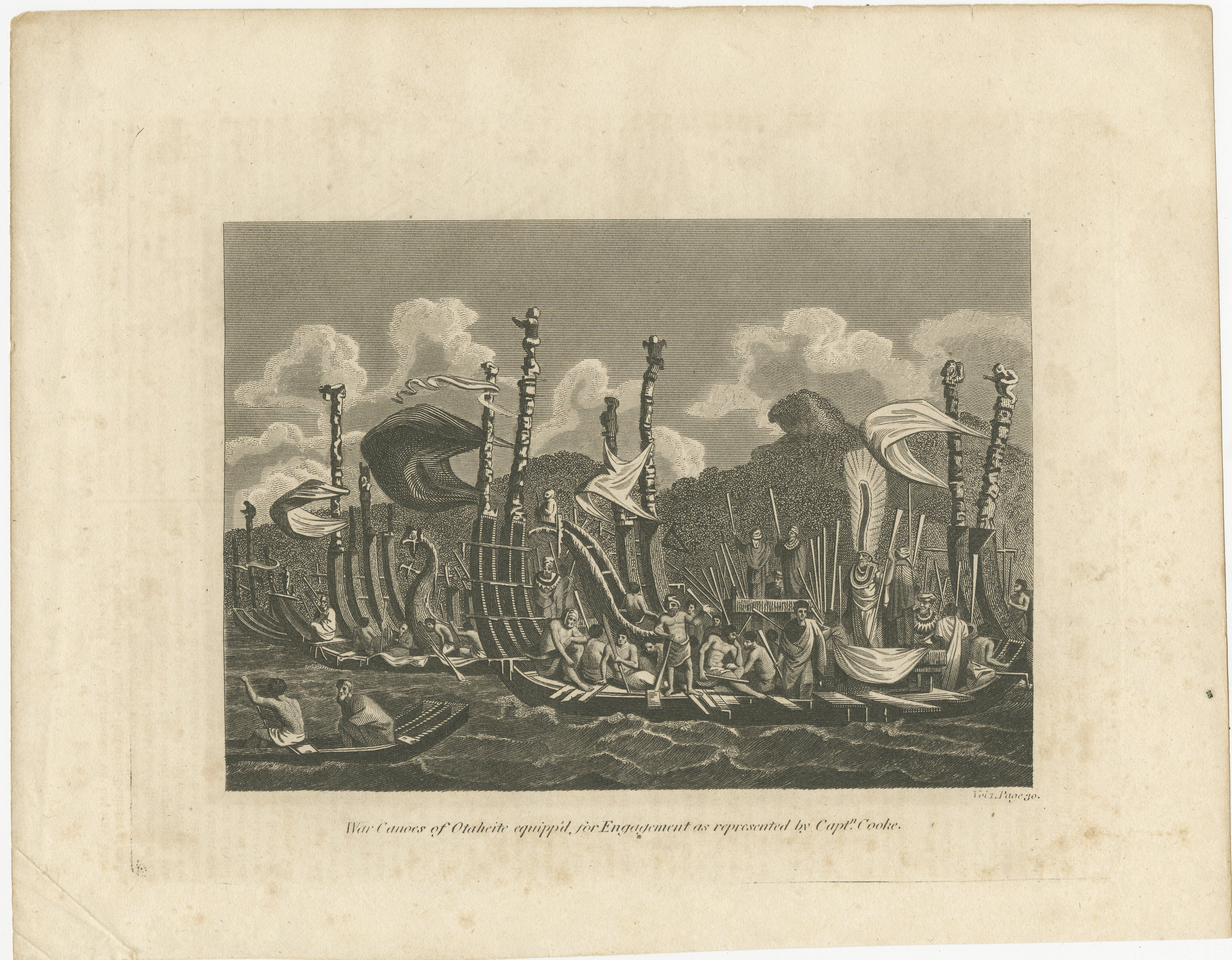 Title: War Canoes of Otaheite equipp'd for Engagement as represented by Captn. Cooke

This detailed engraving depicts the 