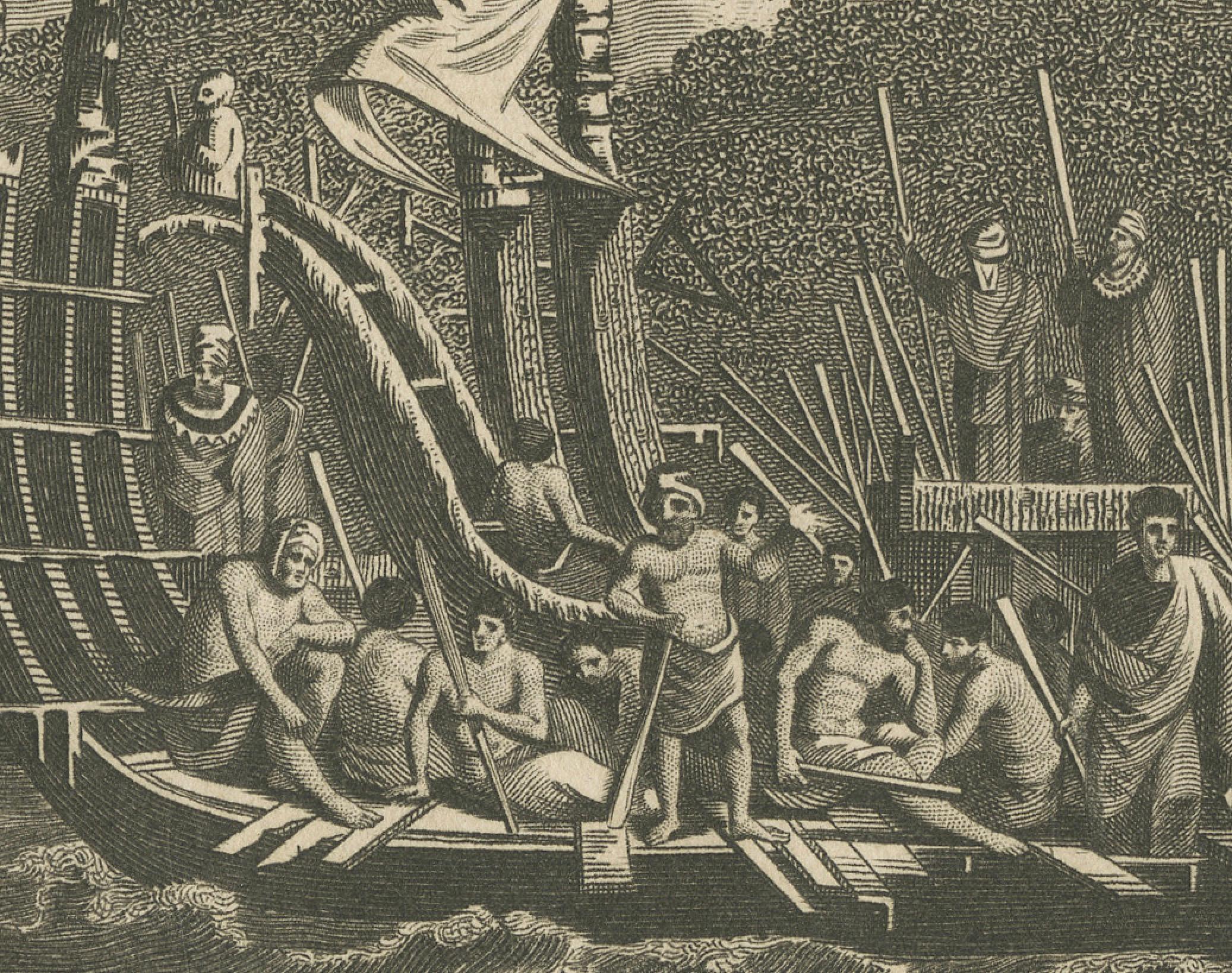 19th Century Naval Might of Tahiti: War Canoes Observed by Captain Cook, circa 1817 For Sale