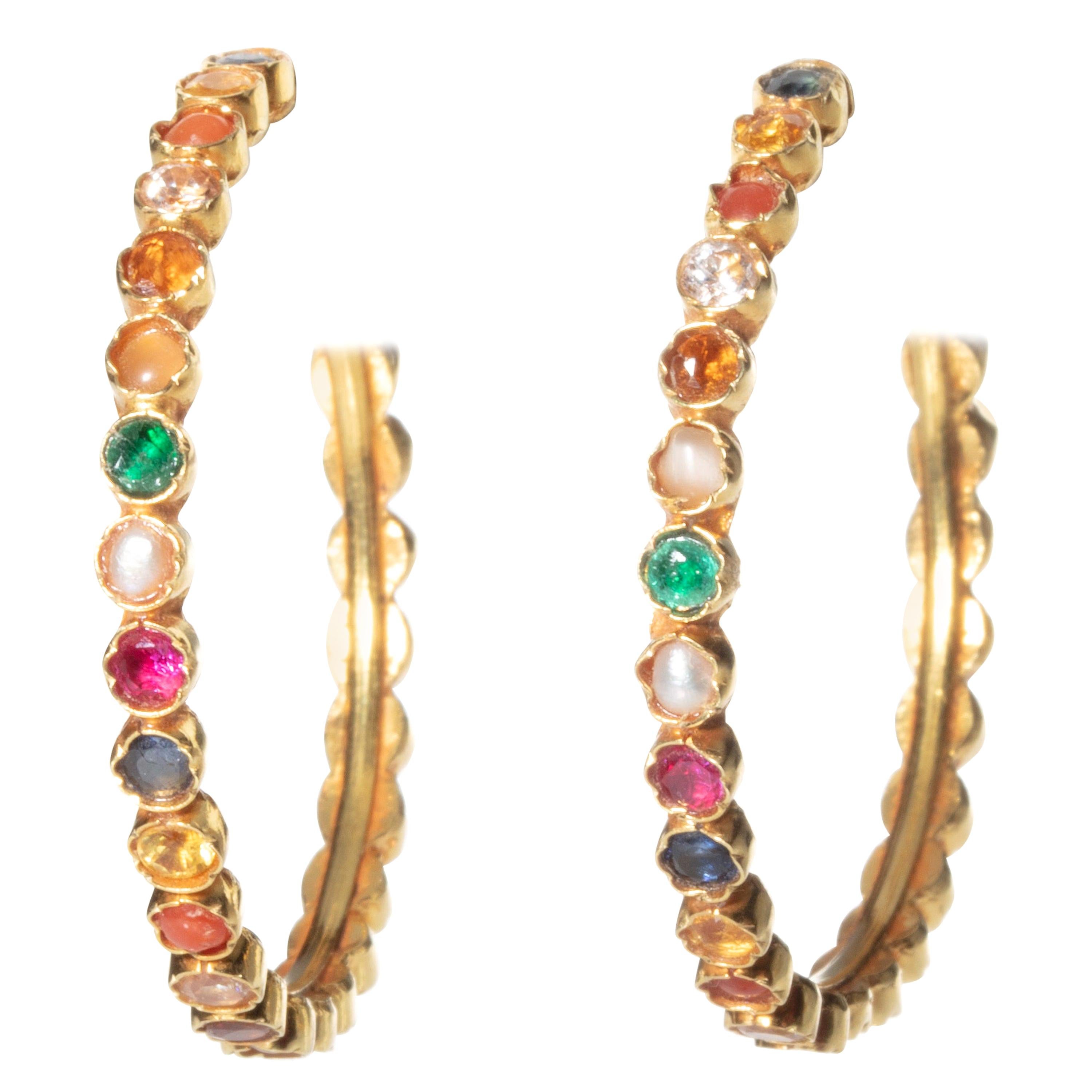 Navaratna 22 Karat Gold Hoops with Precious and Semi-Precious Stones