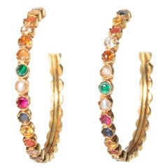 Vintage Navaratna 22 Karat Gold Hoops with Precious and Semi-Precious Stones