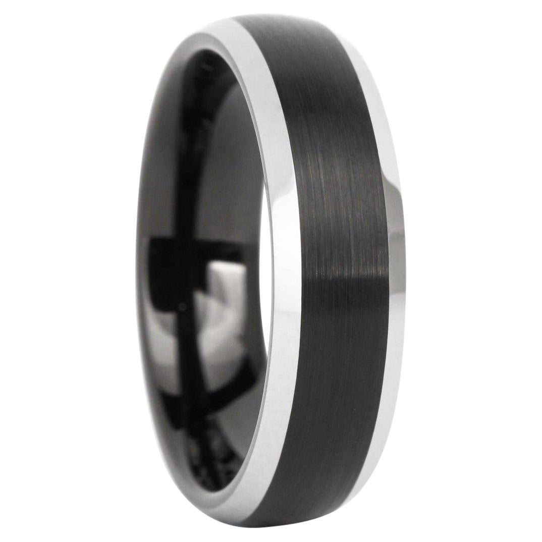 Navarro, fede nuziale in tungsteno nero bicolore con bordo smussato e comfort