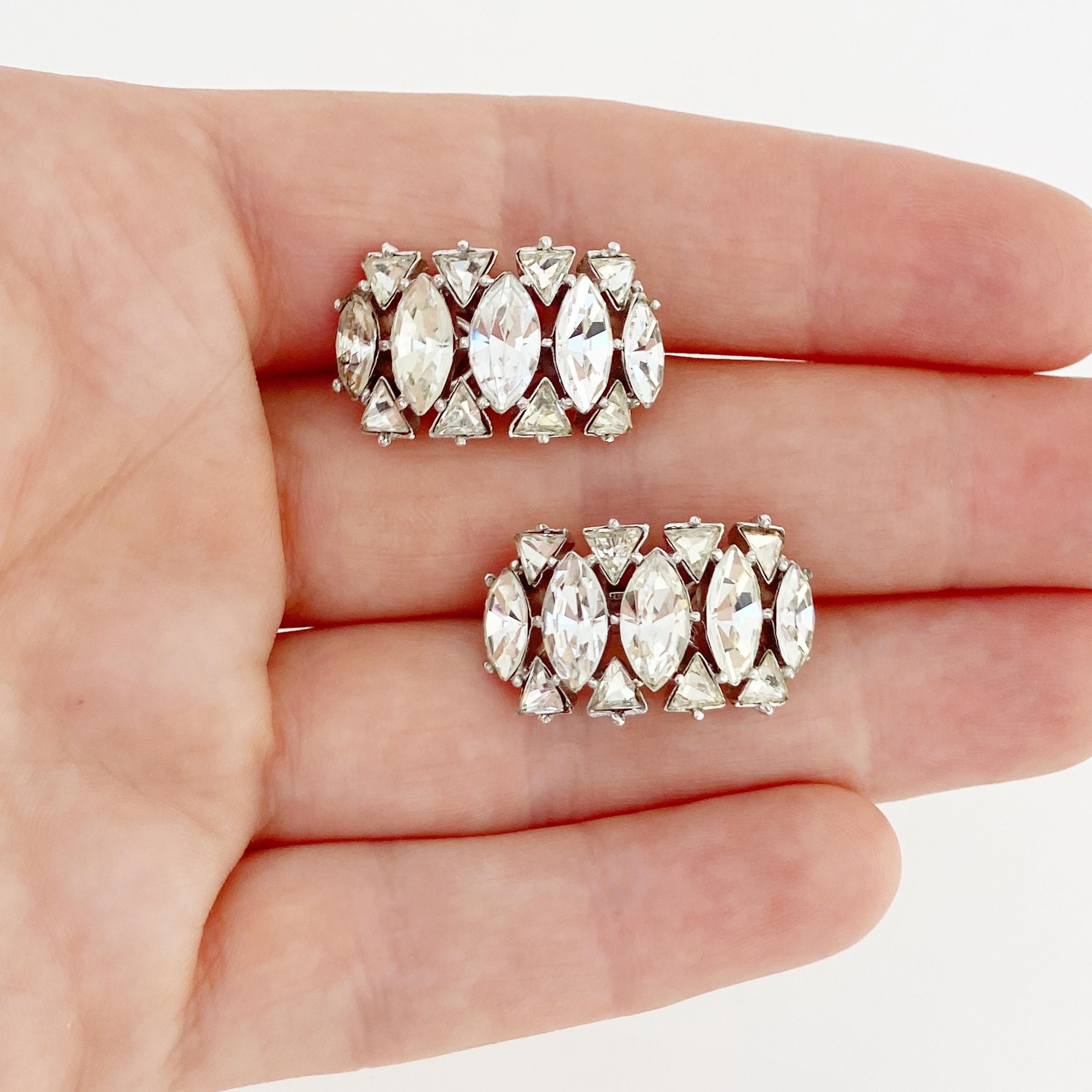 Modern Navette Crystal Huggie Cocktail Earrings By Crown Trifari, 1950s