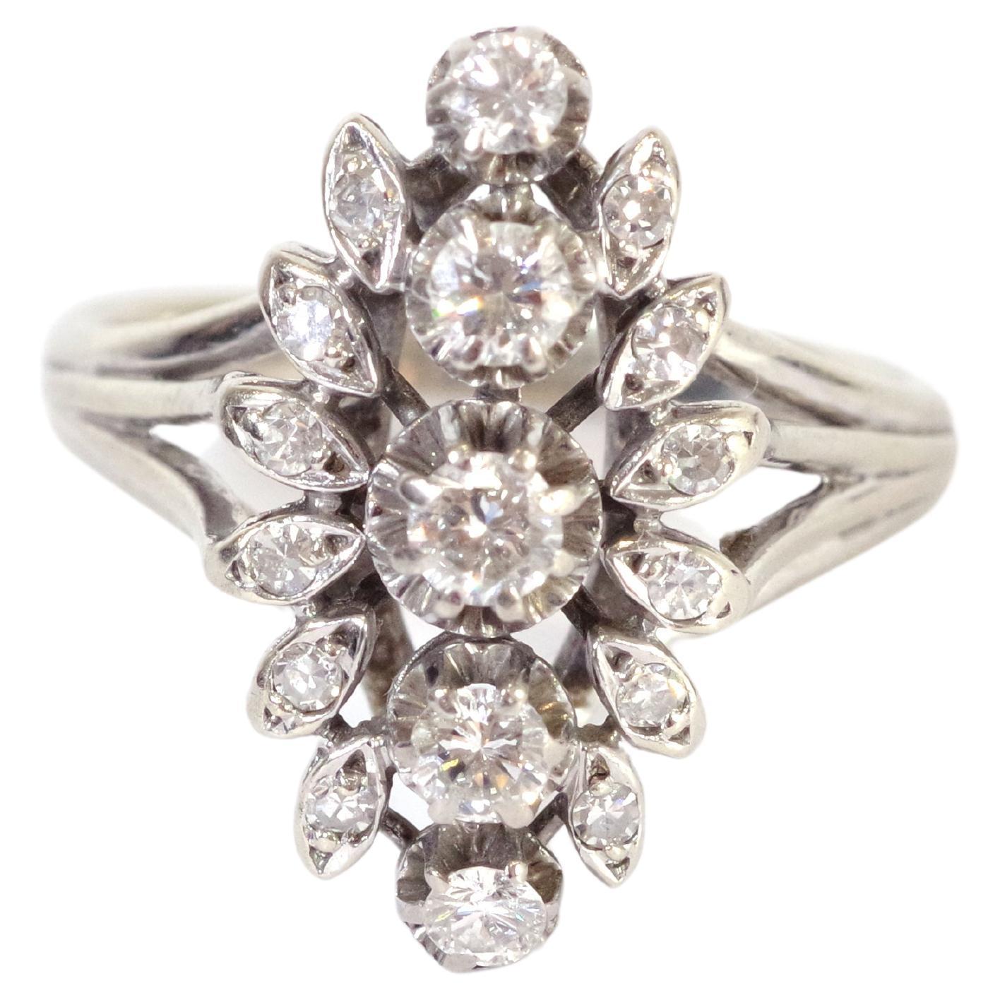 Navette diamond ring in 18 karat white gold, wedding ring For Sale