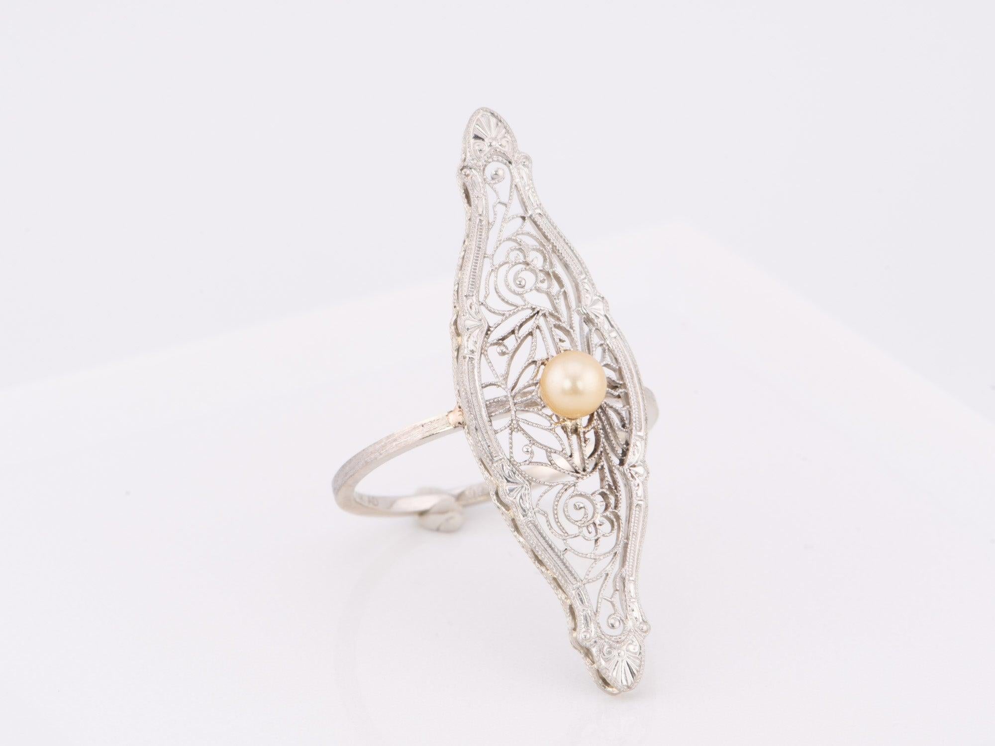 Anello di conversione a spilla d'epoca a forma di navetta Krementz in filigrana e perle 14K White In condizioni Nuovo in vendita a Osprey, FL