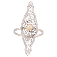 Anello di conversione a spilla d'epoca a forma di navetta Krementz in filigrana e perle 14K White