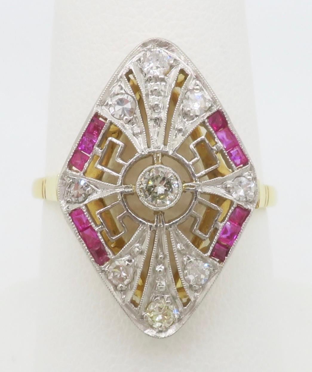 Round Cut Navette Style Ruby & Diamond Vintage Ring For Sale