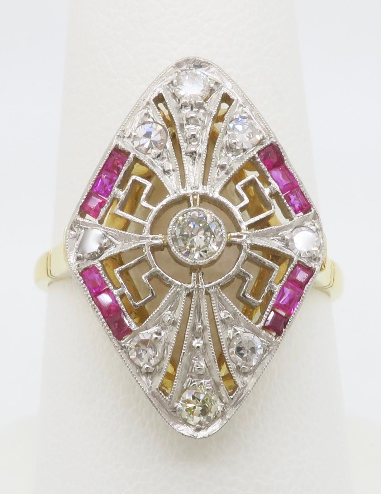 Navette Style Ruby & Diamond Vintage Ring In Excellent Condition For Sale In Webster, NY