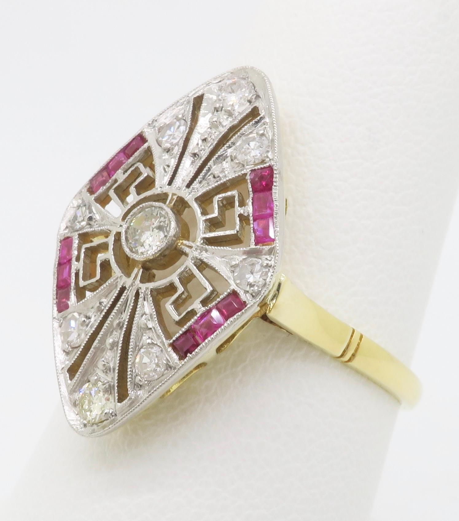 Women's Navette Style Ruby & Diamond Vintage Ring For Sale