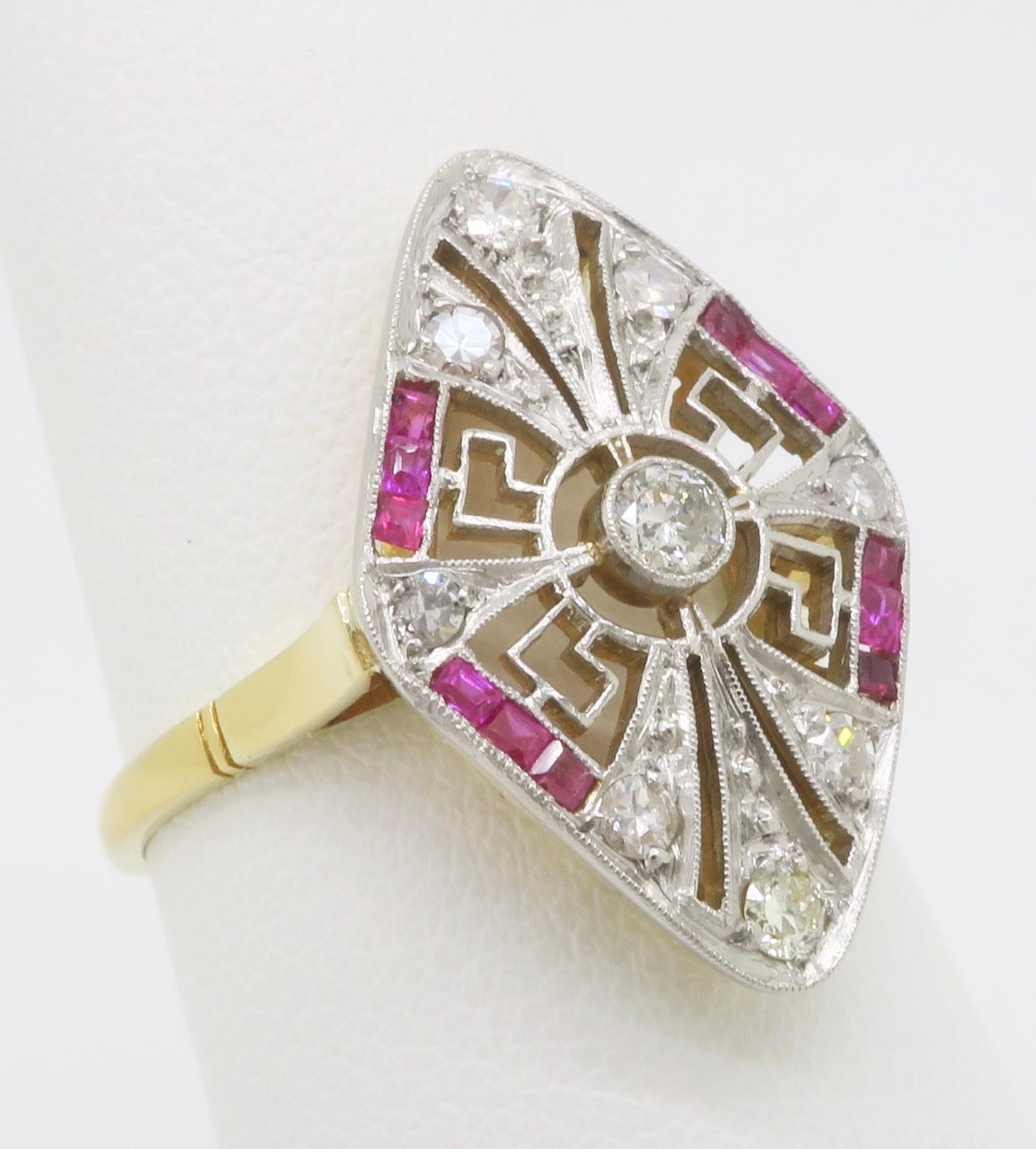 Navette Style Ruby & Diamond Vintage Ring For Sale 1