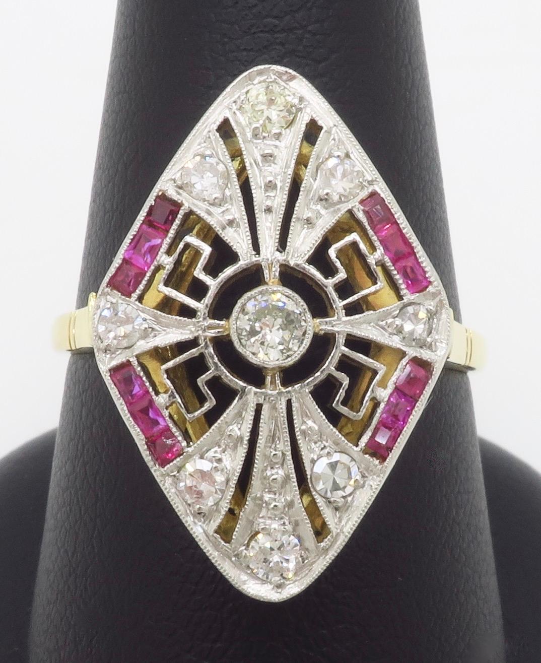 Navette Style Ruby & Diamond Vintage Ring For Sale 2