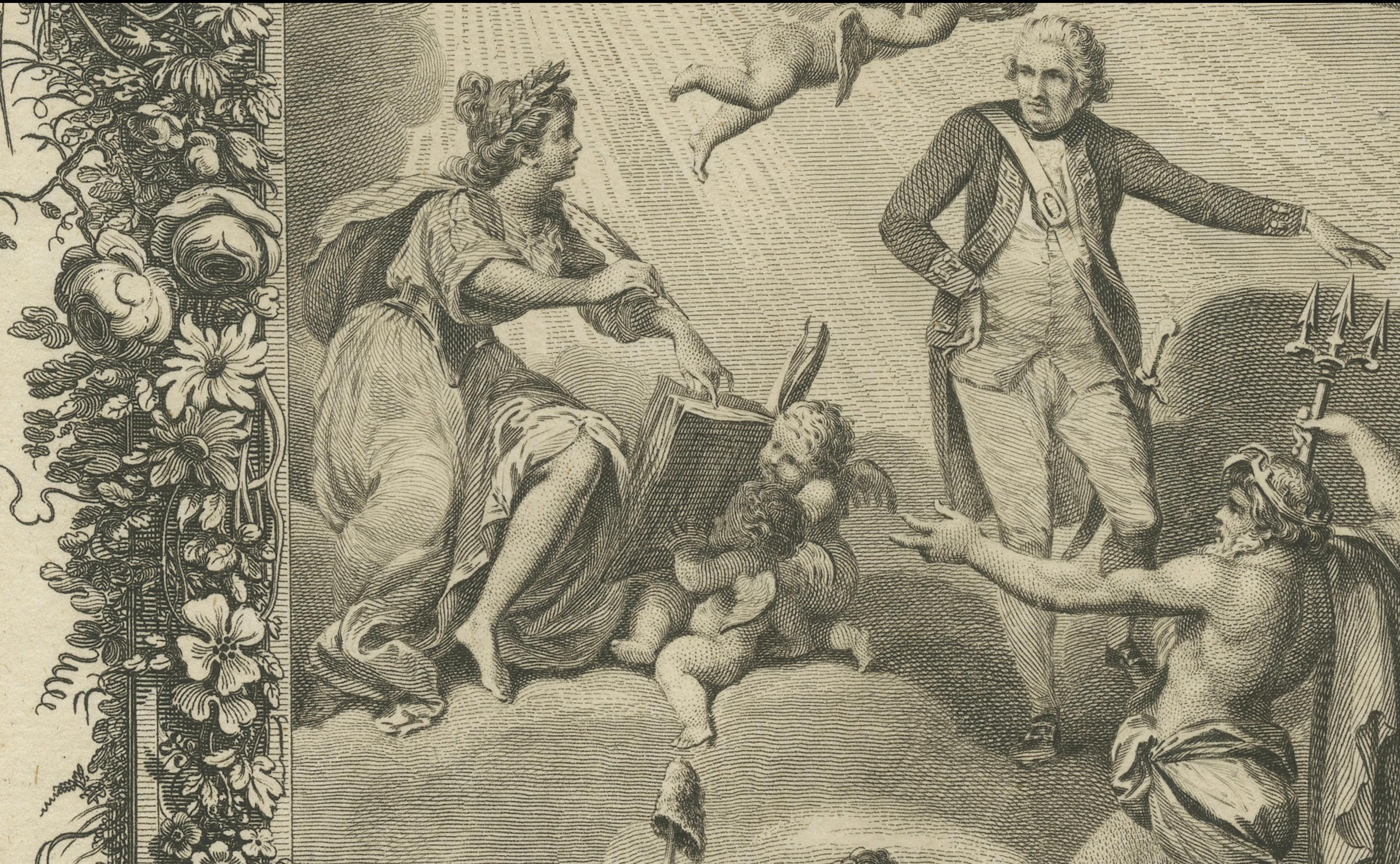 Engraved Navigating History: An Allegorical Frontispiece Honoring Captain Cook, ca.1788 For Sale