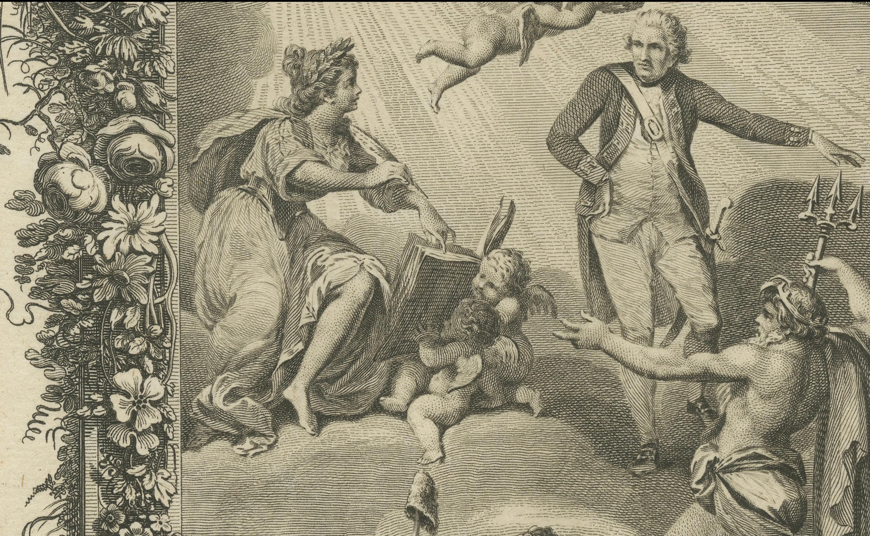 Gravé Histoire de la navigation : un frontispice allégorique honorant le capitaine Cook, vers 1788 en vente
