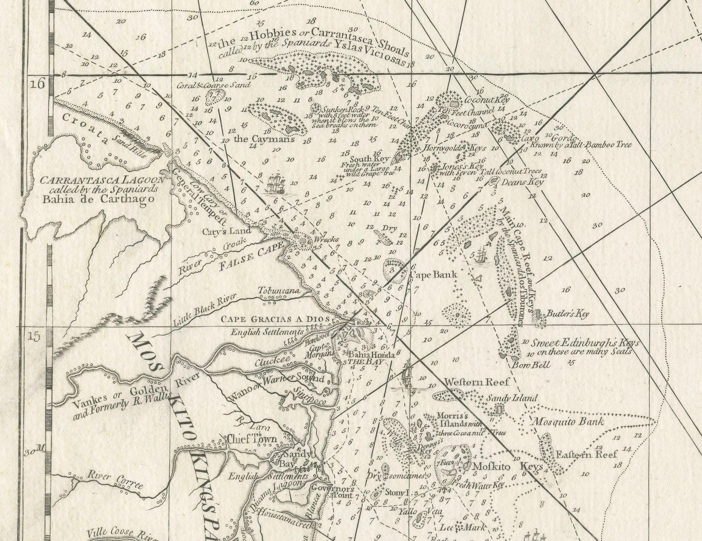 Engraved Navigational Chart of Jamaica, Cape Gracias a Dios, and the Mosquito Coast, 1775 For Sale