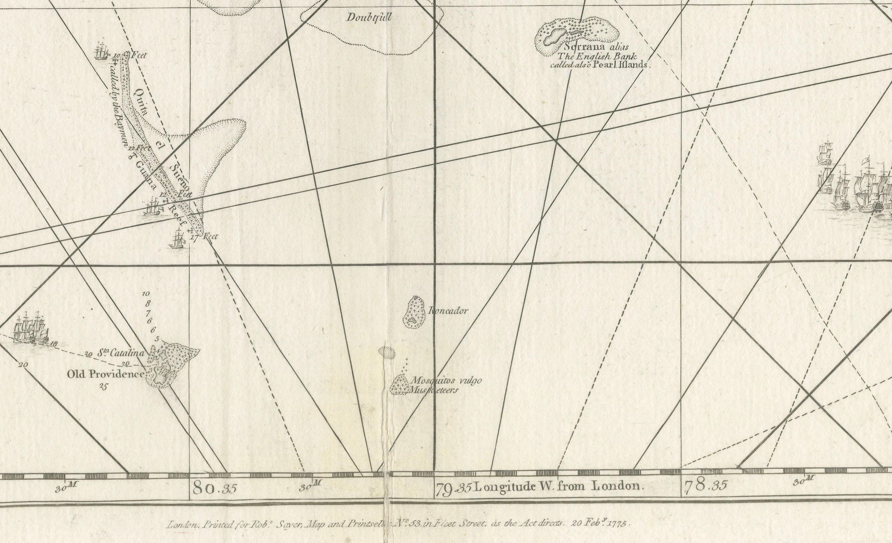 Navigational Chart of Jamaica, Cape Gracias a Dios, and the Mosquito Coast, 1775 In Good Condition For Sale In Langweer, NL