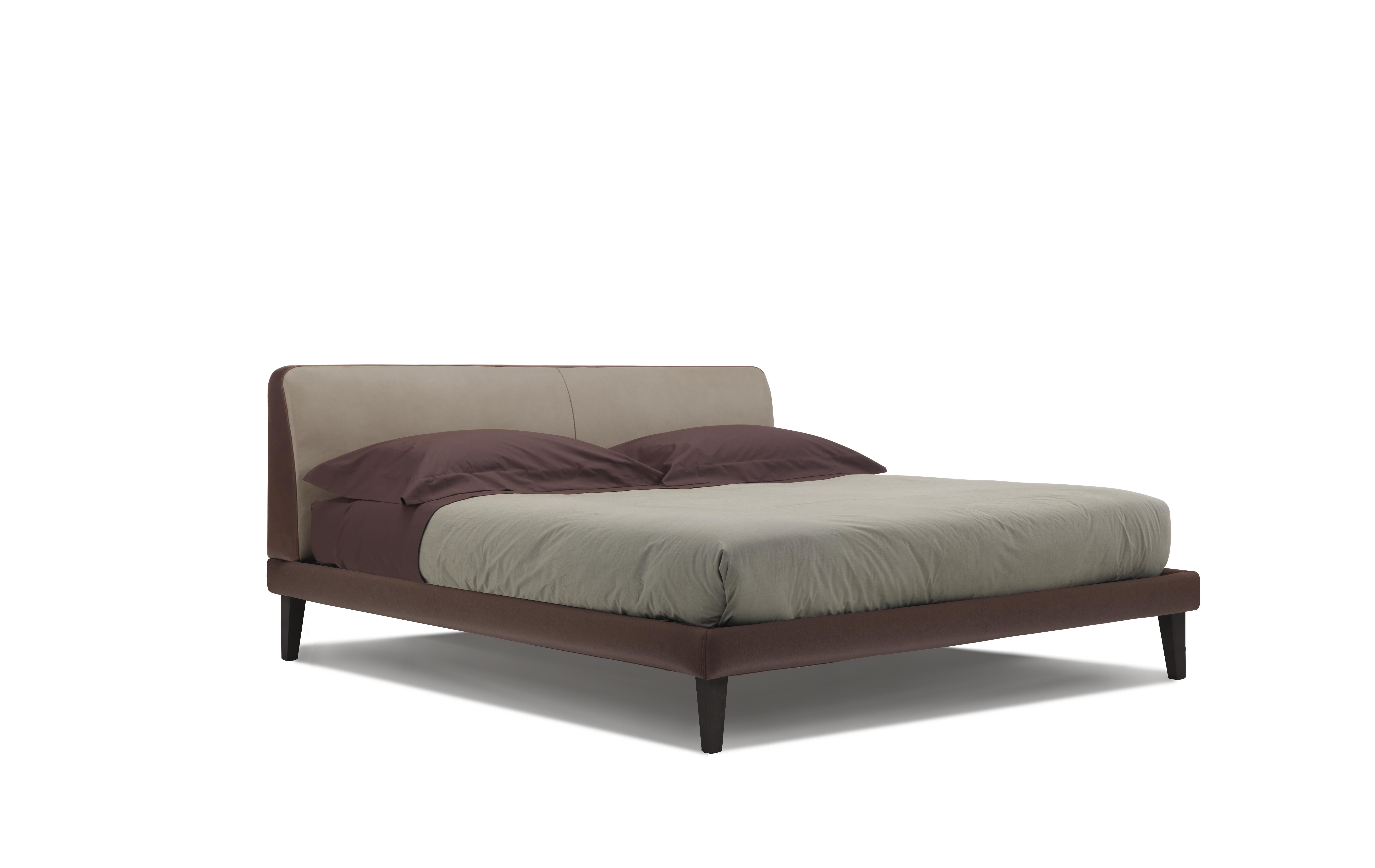 Modern 'NAVIGLIO' Minimal Style King Size Bed with Leather Headboard and Wooden Frame For Sale