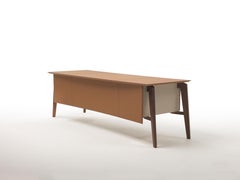 Naviglio bridge desk, wooden legs and leather top and courtesy panel.