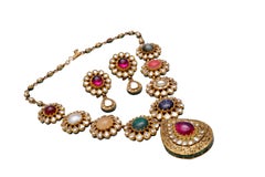 Natural Precious stones with uncut Polki Navratan set Necklace in 22k Gold