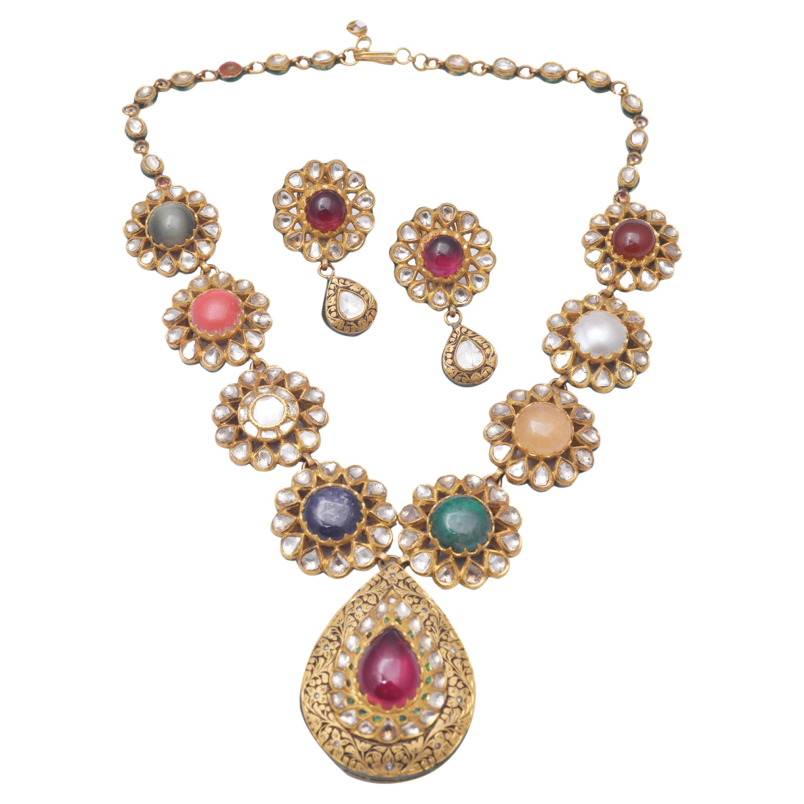 Navratna Gemstones Gold Necklace Set With Earrings (22 Karat) – aabhushan  Jewelers