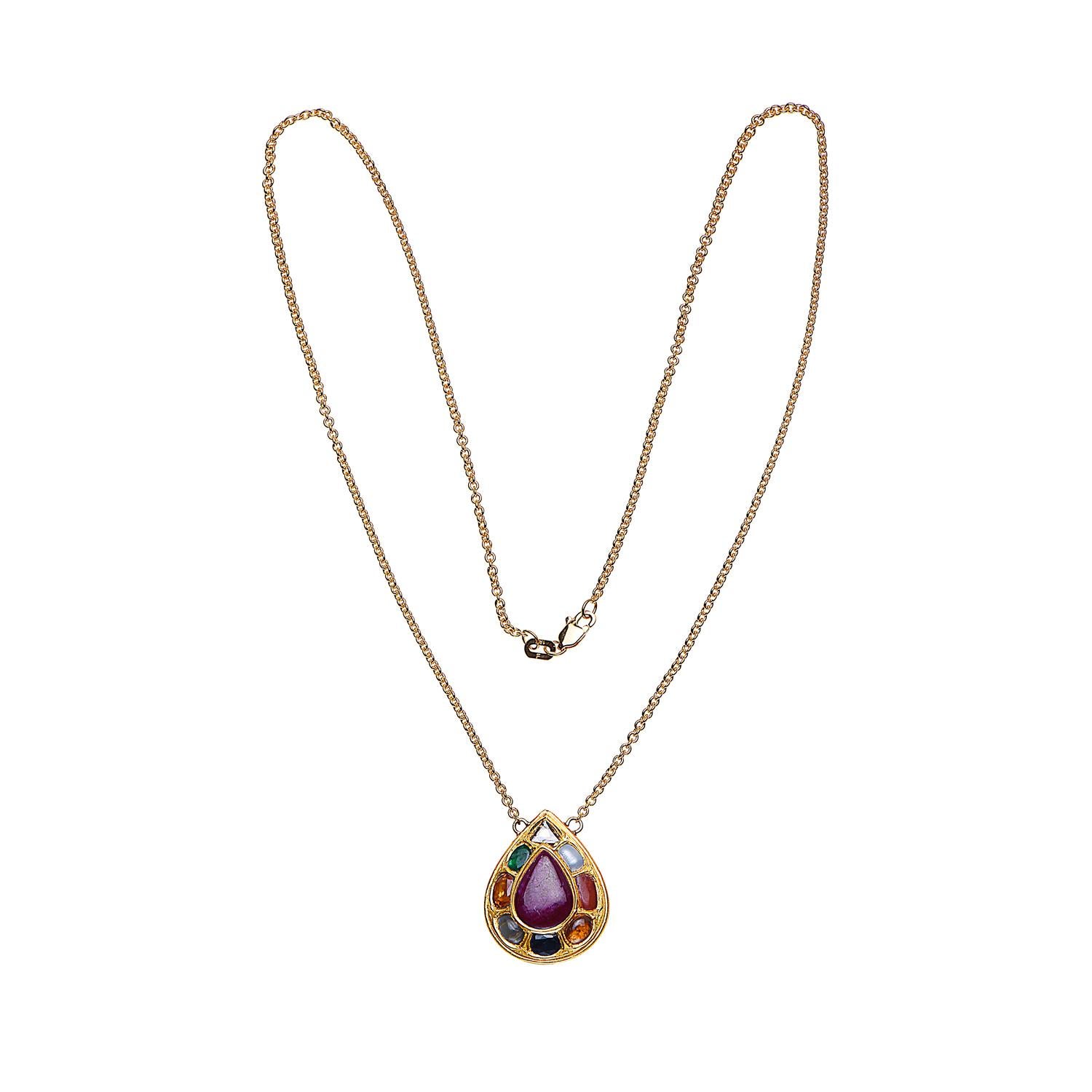 This lovely Navratna Necklace in 18K yellow gold is charmer for any occasion.

18k: 11.95g
Diamond: 0.10ct
Mix stones: 6.63ct